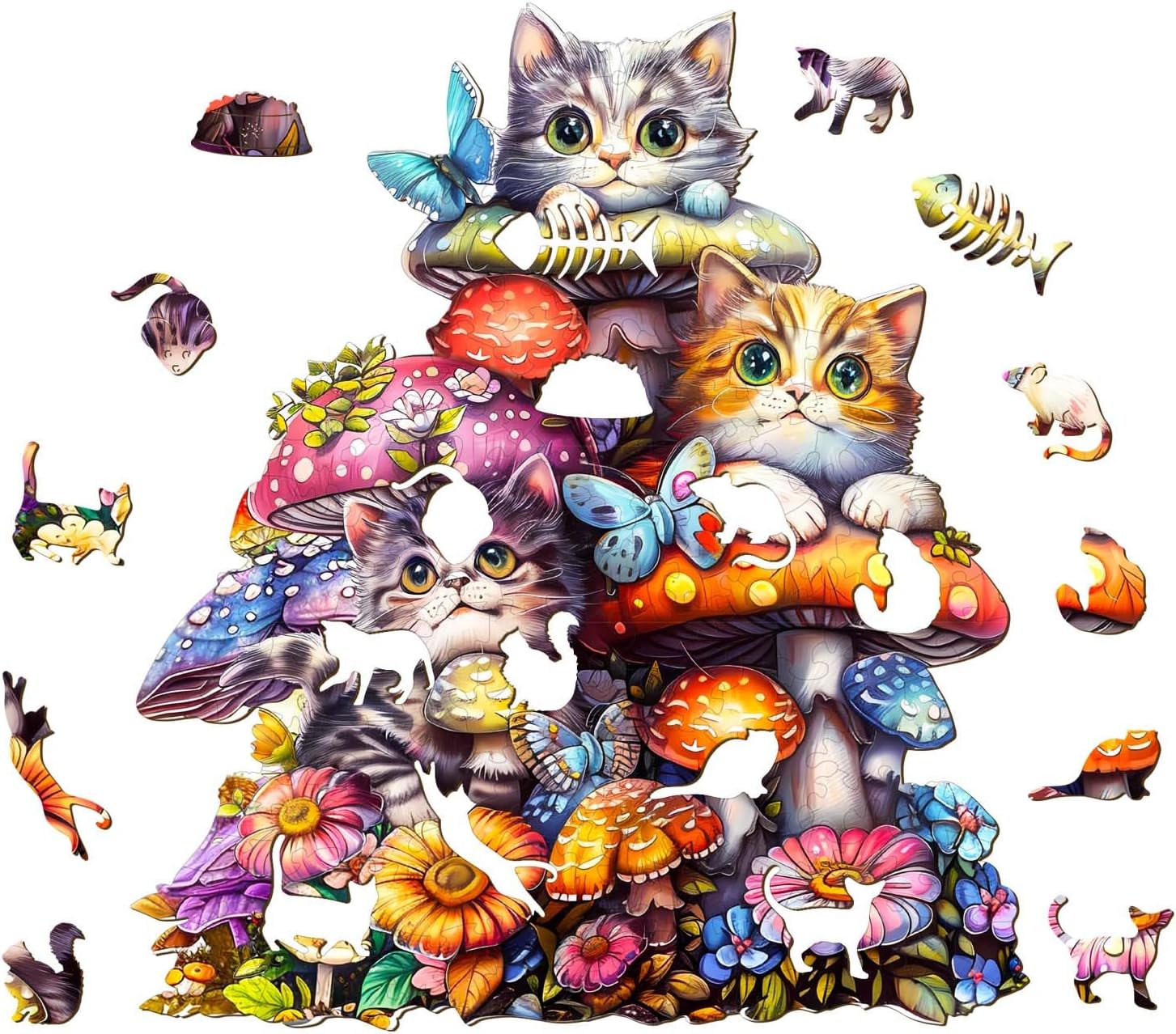 Wooden Puzzles, Cat Family Puzzle 170 Pieces, Unique Animal Shaped Wood Challenging Jigsaw Puzzles Gifts for Adults, 11.4x10.2in