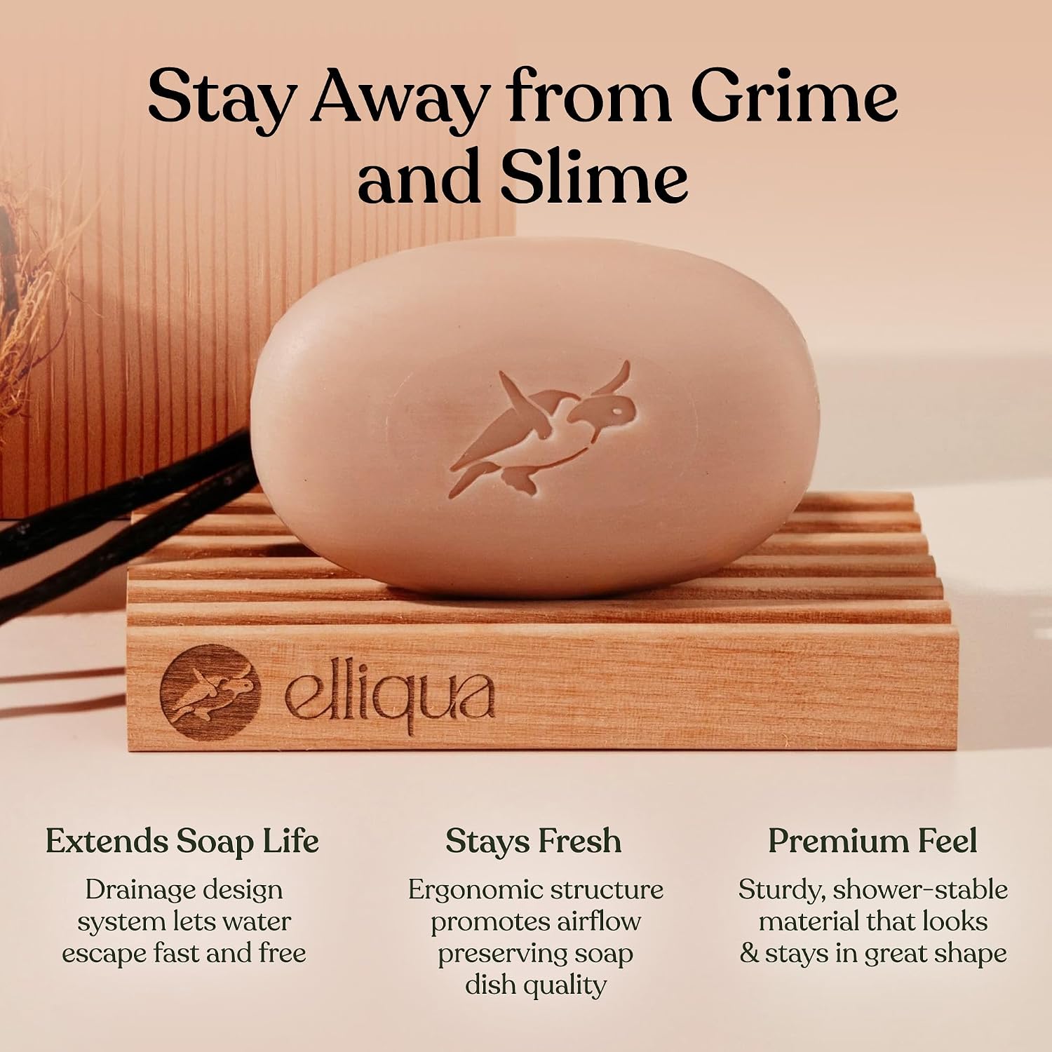 Elliqua Wooden Soap Dish - Self-Draining Wood Soap Tray that Keeps Your Bar Dry and Extends Its Life - Natural Wooden Soap Holder for Shower and Bathroom - Fits All Bar Sizes - Plastic-Free Pack