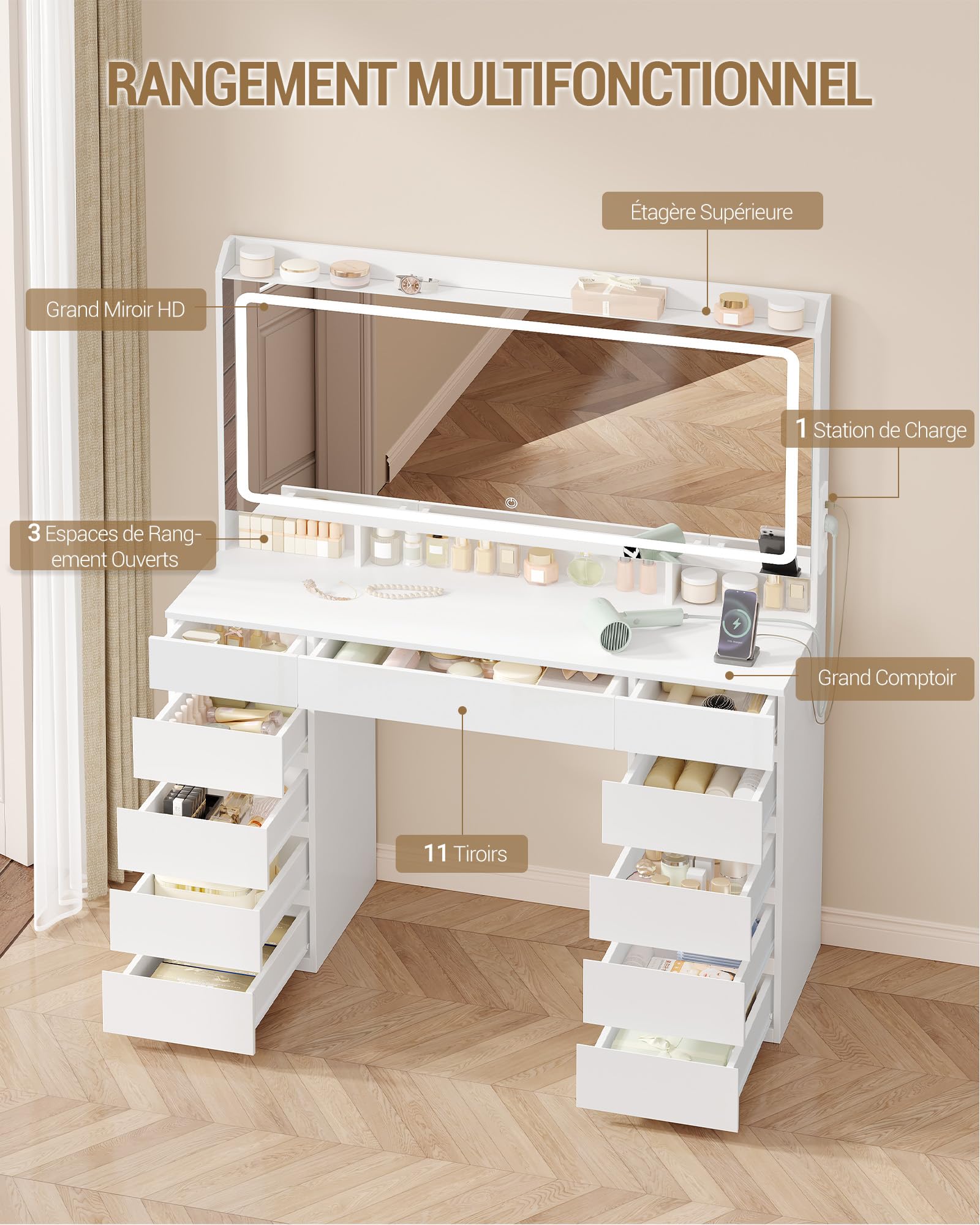 Hzuaneri Coiffeuse avec Grand Miroir HD, Coiffeuse avec 3 Lumières LED à Couleurs Réglables, 11 Tiroirs, 3 Compartiments de Rangement et 1 étagère Supérieure, de Chambre, Blanc DT43003XEU