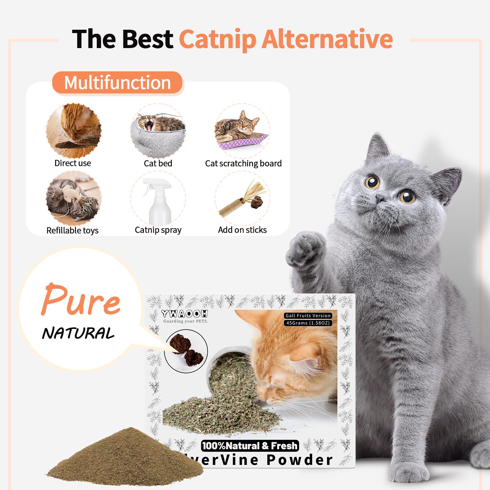Cat Toys - Polvo de vid plateada de 45 g con 5 bolsas resellables, alternativa a la hierba gatera, polvo de fruta de vid plateada 100% natural, juguete para gatos Matatabi, adecuado para todas
