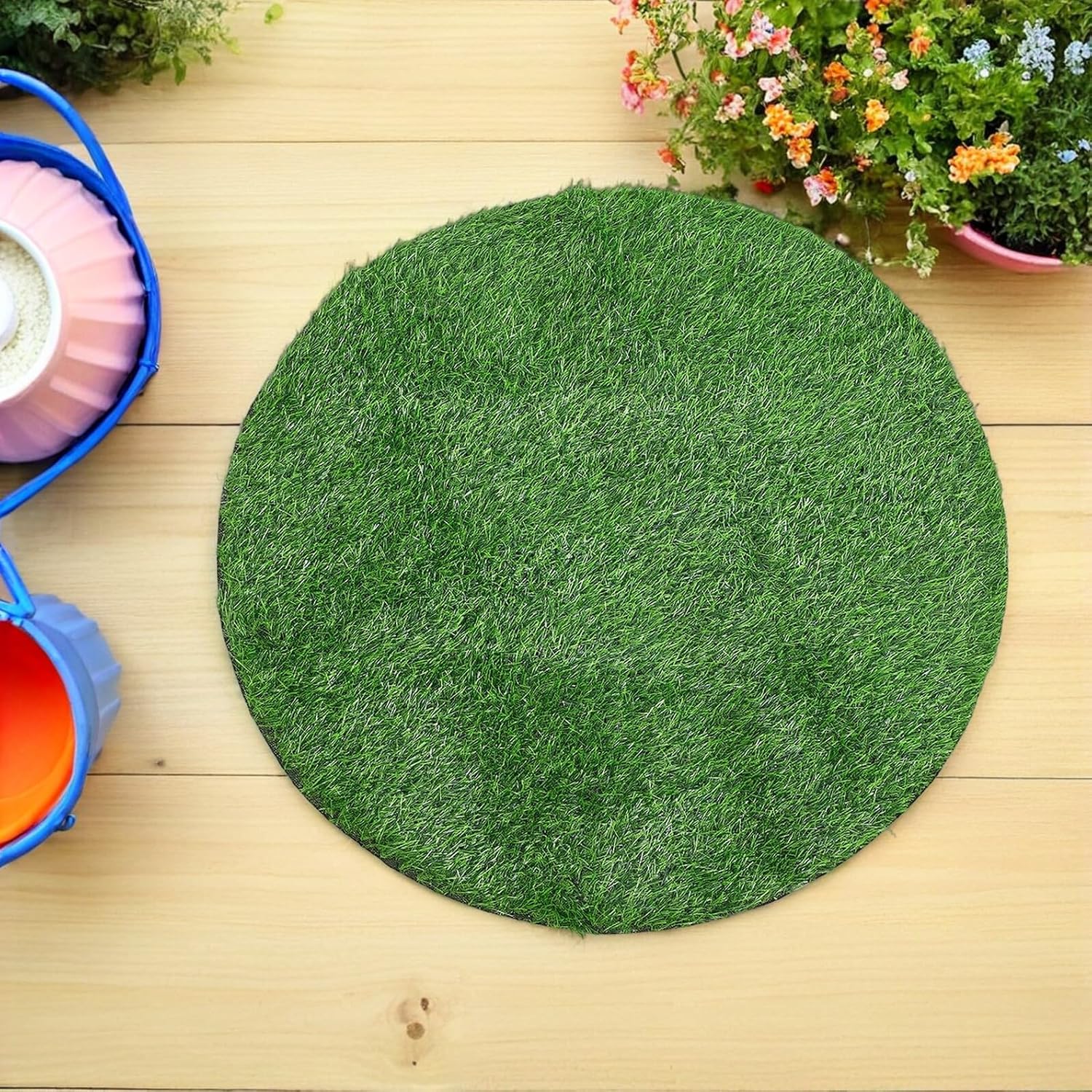 Kisangel Artificial Grass Outdoor Rug for Patio and Lawn, 90cm Diameter Round Faux Greenery Mat with 2.5cm Pile Height, Decorative Fake Grass Pad Suitable for Garden and Pet Areas