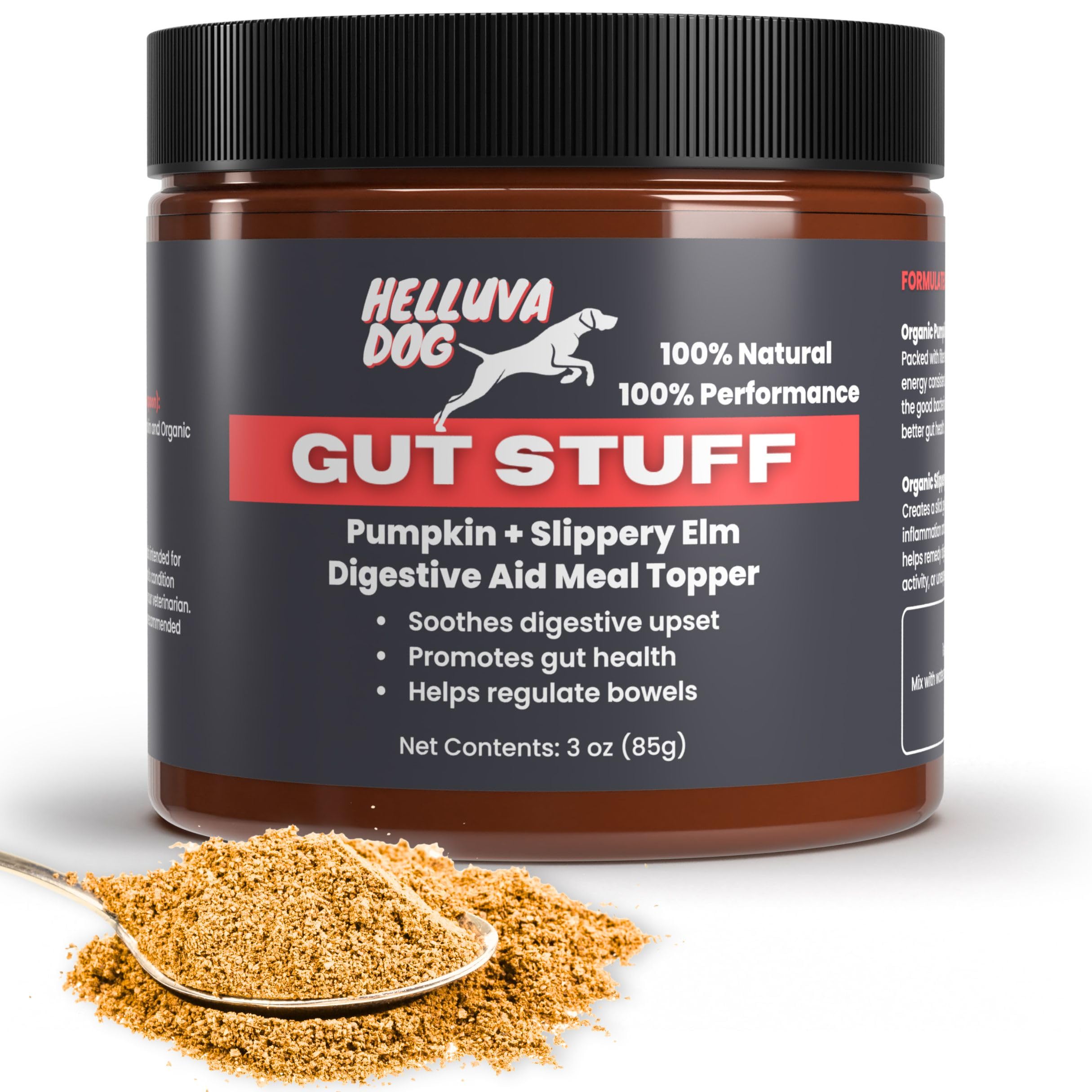 Gut Stuff by Helluva Dog — Digestive Aid Meal Topper for Active Sporting Dogs — Pumpkin & Slippery Elm for Dog's Upset Stomach & Better Gut Health, Packed with Fiber - 3oz