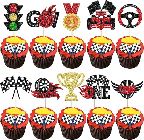 Vista 21 de 1 paquete de dos decoraciones rápidas para tartas de auto de carreras de 2º cumpleaños, bandera a cuadros, decoración temática de niños o niñas de 2