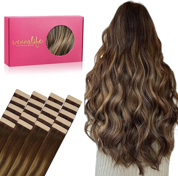 WENNALIFE Extension Cheveux Naturel Adhesive, 45cm 50g 20pcs, Balayage Brun Chocolat à Blond Caramel, 3.8cm de largeur, 35-60cm disponibles - 1