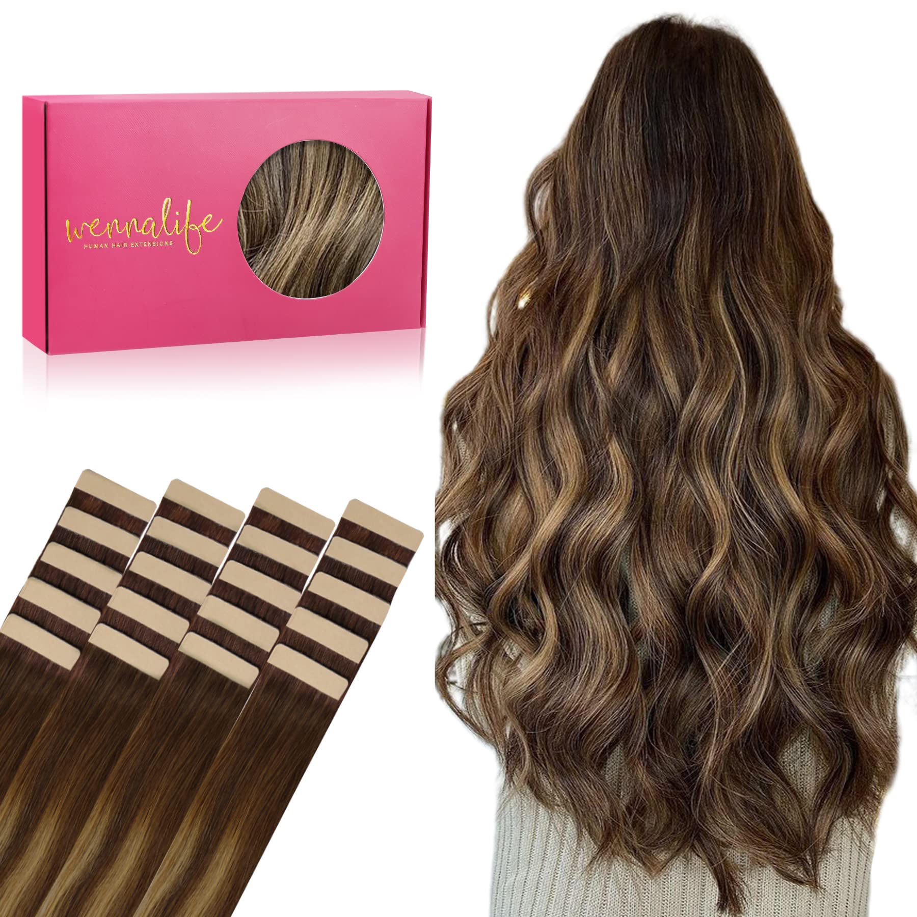 WENNALIFE Tape in Hair Extensions Human Hair, 20pcs 50g 18 inch Balayage Chocolate Brown to Caramel Blonde Remy Hair Extensions Straight Human Hair