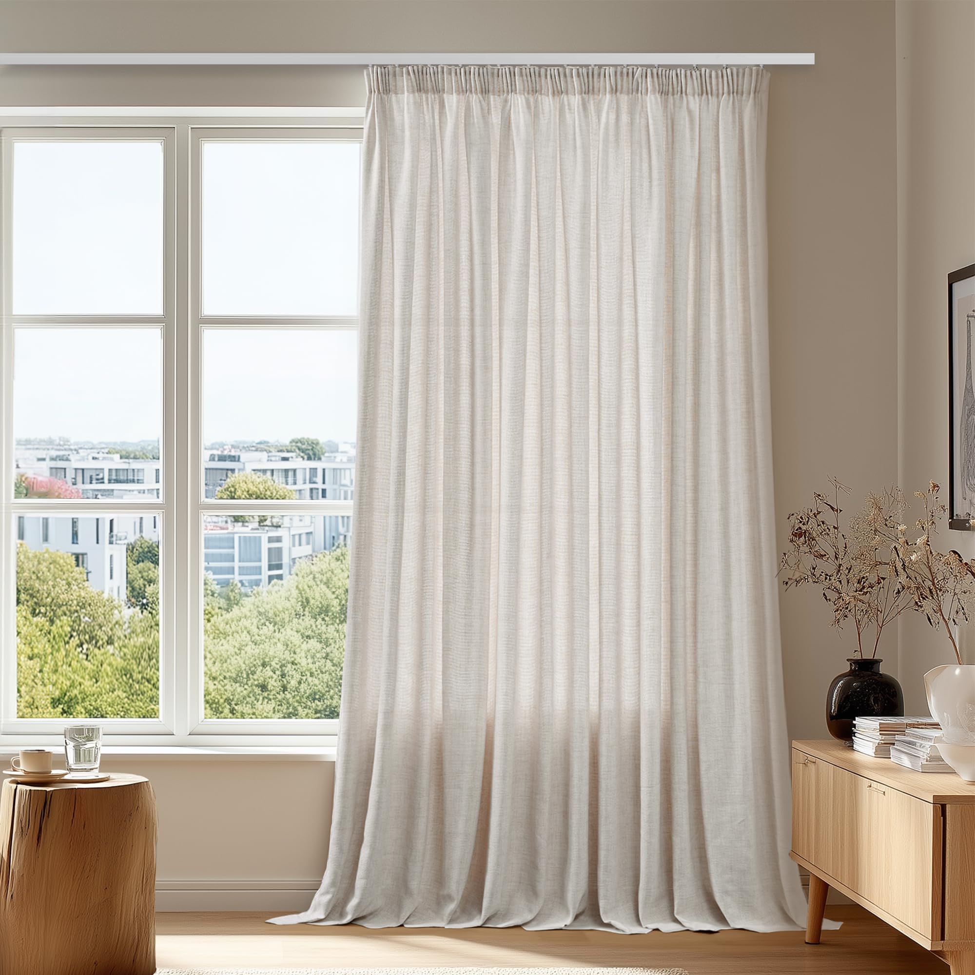 Deconovo Voile Gardinen mit Kräuselband Gardinenschal Vorhänge Halbtransparent Vorhang Leinenoptik Dekoschal 2er Set