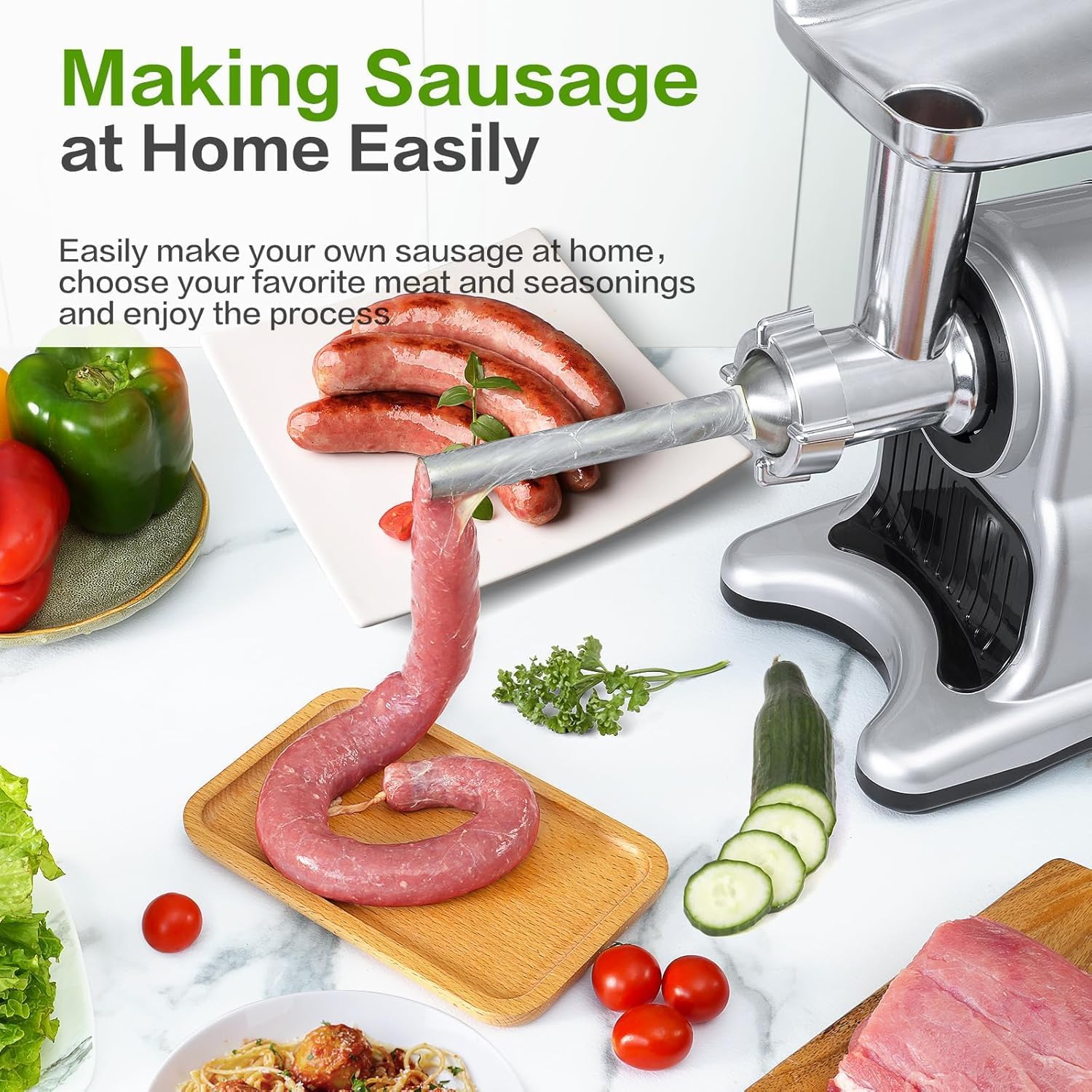 5-in-1 Masticating Slow Juicer Machine, 3" Wide Feed Chute, High Juice Yield, Easy to Clean, Includes Meat Grinder/Sausage Maker/Vegetable Slicer, Silver/Black