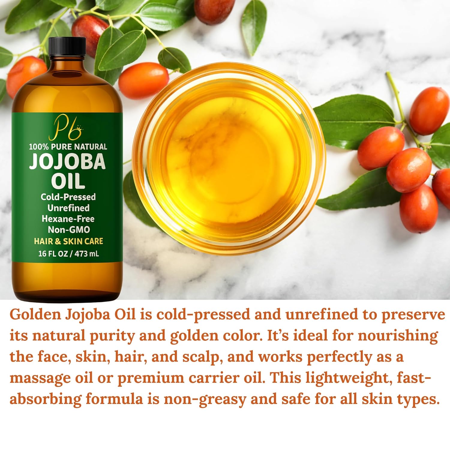 Jojoba Oil – 16 fl oz Glass Bottle with Pump – Cold-Pressed, Unrefined & Hexane-Free Jojoba Oil for Hair, Skin & Face – Natural Moisturizer & Lightweight Carrier Oil for Essential Oils & Massage - Image 2