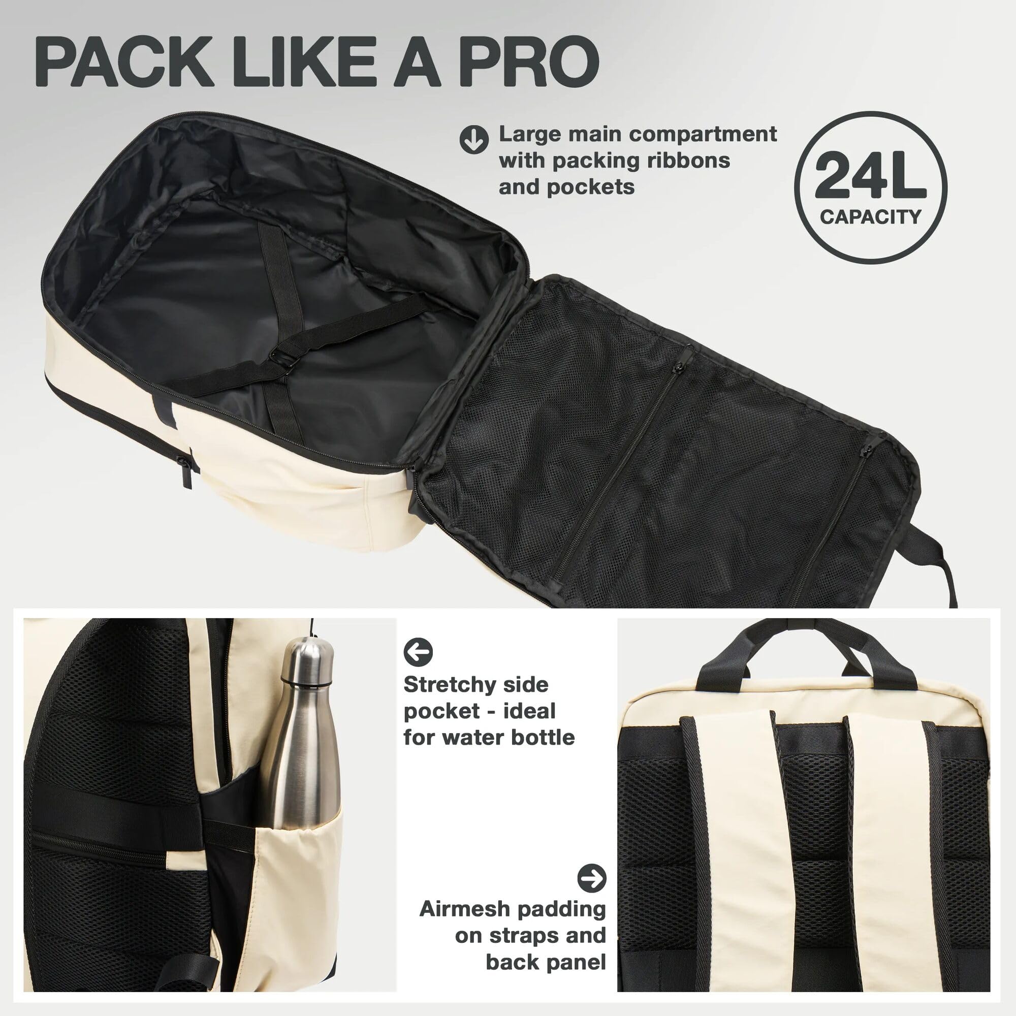 Ryanair - Maletas de cabina de 40 x 30 x 20 cm, mochila de viaje, bolsa de equipaje de mano, mochila aprobada por vuelos para viajes al aeropuerto para EasyJet, Wizz Air, Blanco, 40x30x20 Centimeters