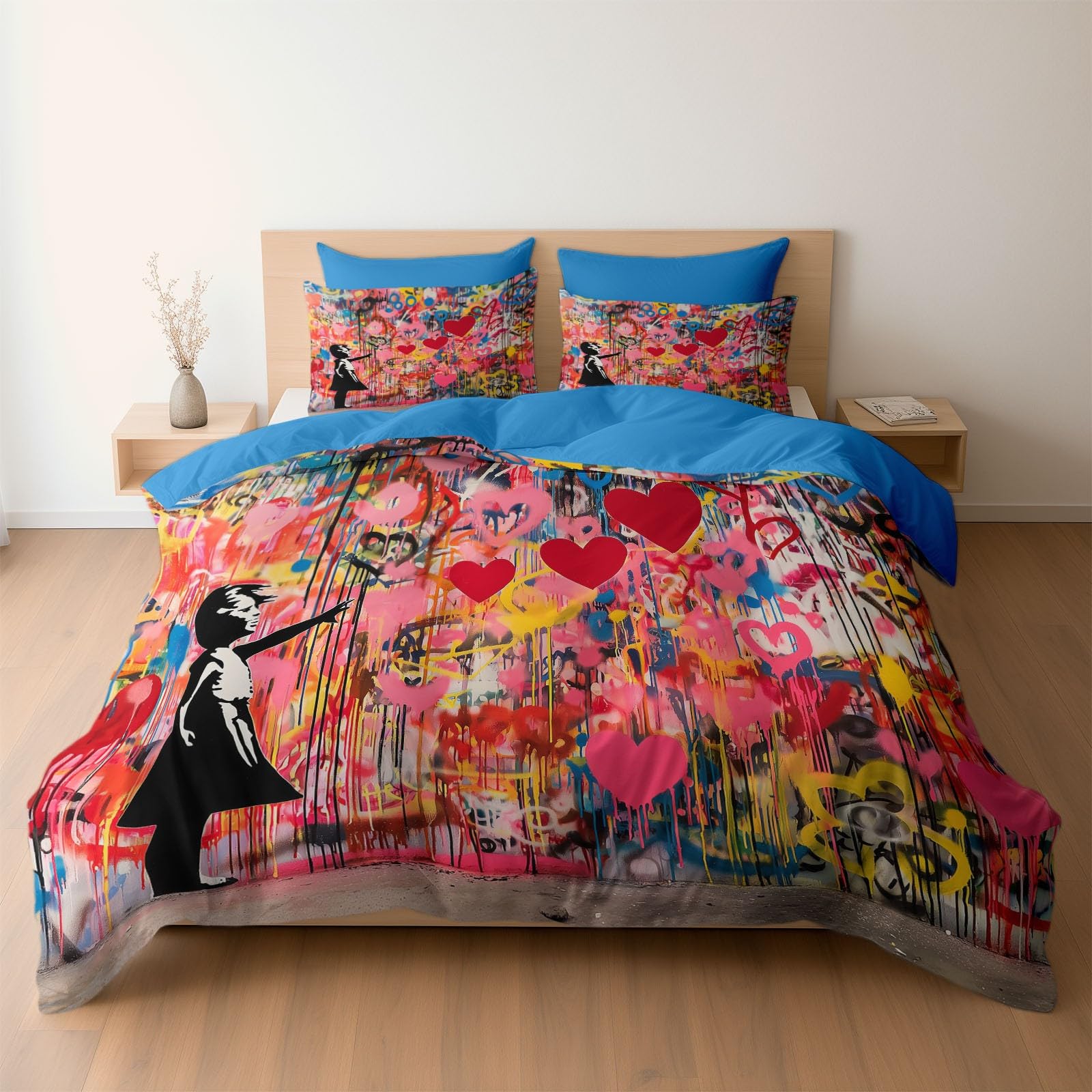 Linge de lit graffiti bleu pour remplacer une housse de couette terne et rêche