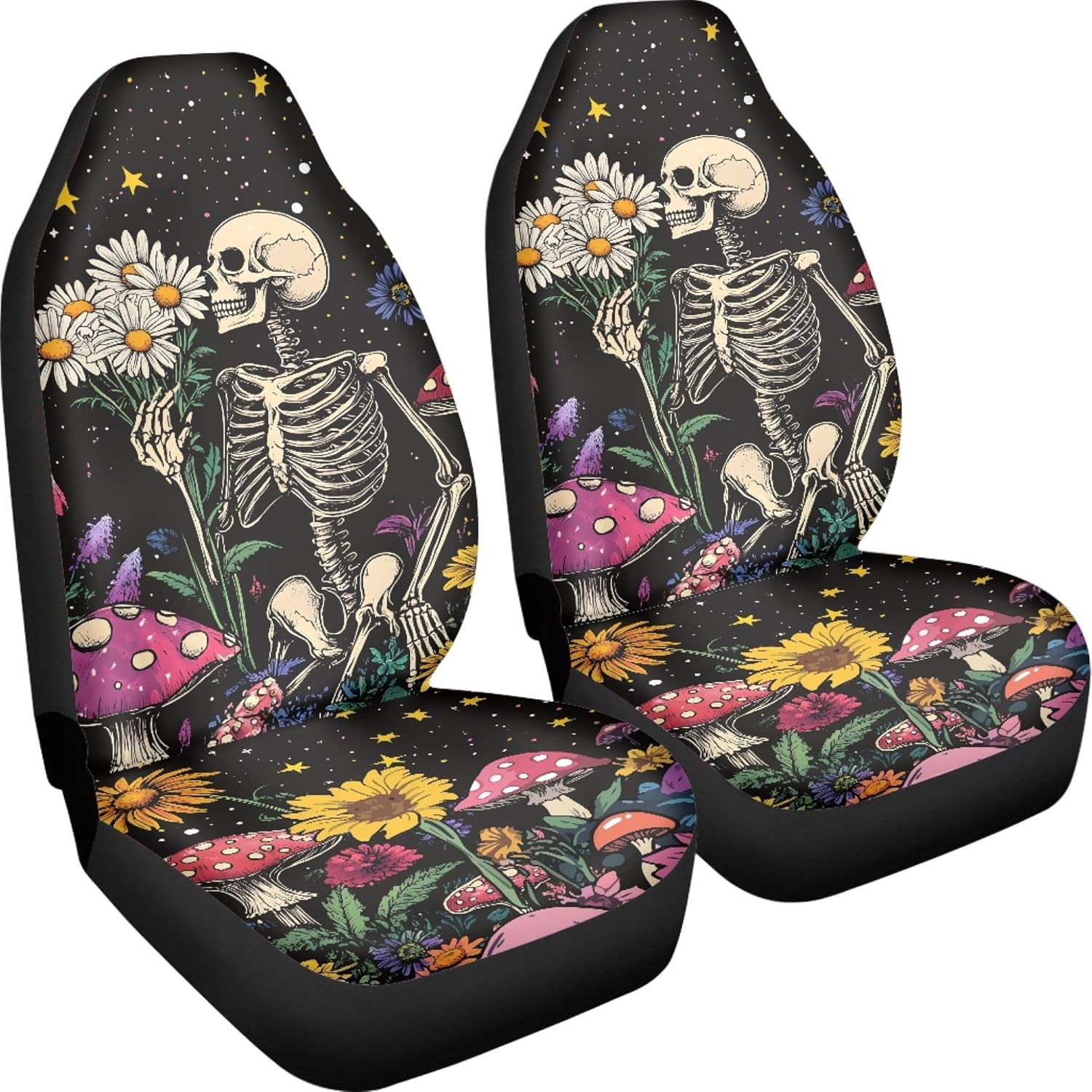 Skull Mushroom Print Car Seat Cover for Front Seats Only,Fashion Bucket Seat Protectors for SUV,Halloween Auto Interior Decor