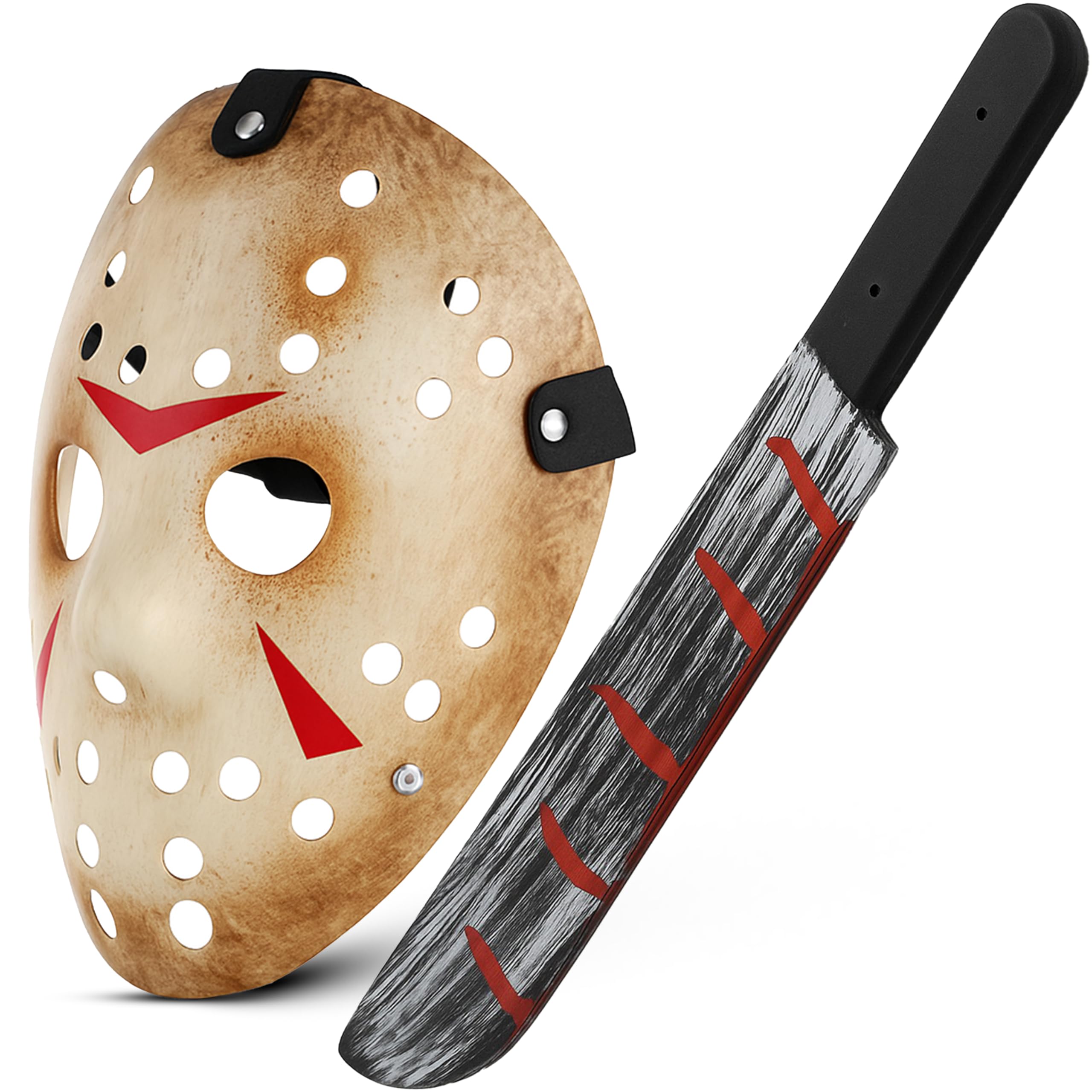 Ploutos World Wide Jason Voorhees Mask + Bloody Machete Prop for Adult, Horror Jason Hockey Mask Scary Killer Halloween Cosplay Party Fancy Dress Costume Kit