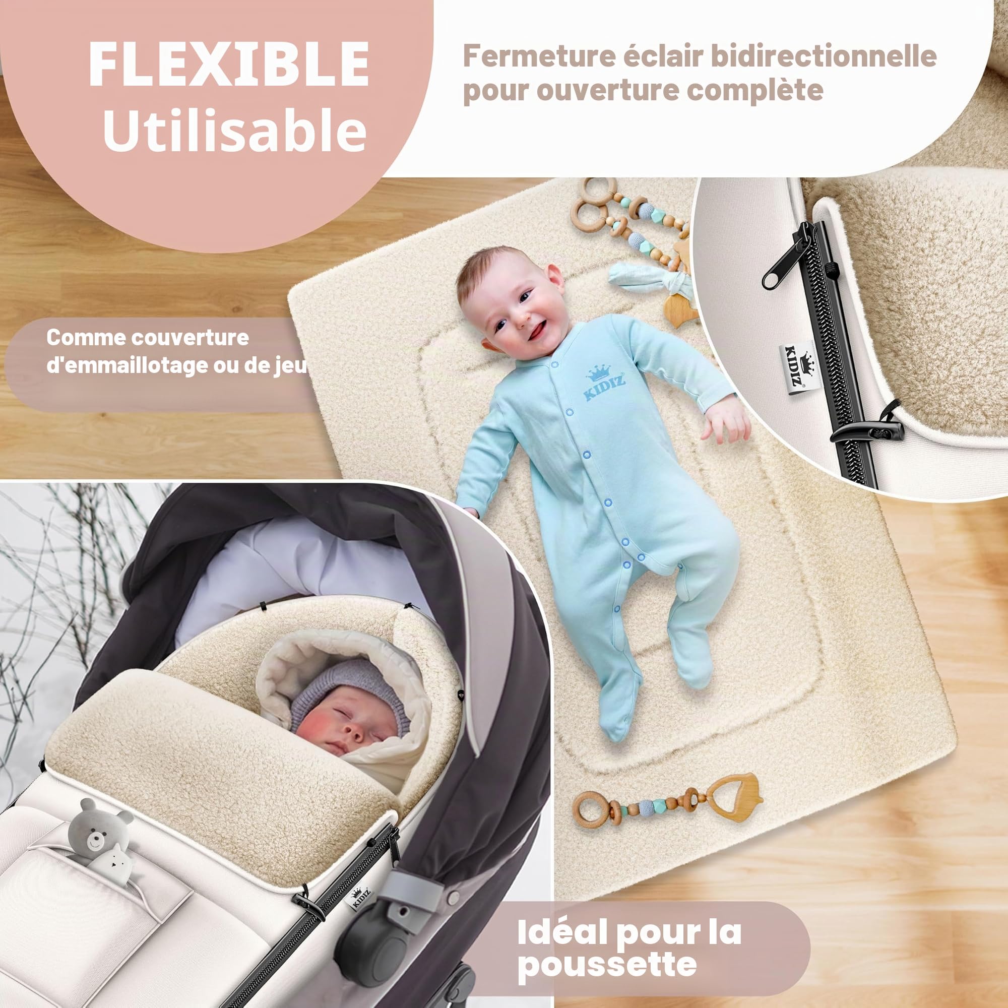 KIDIZ® Chancelière pour Bébé Chancelière d'hiver avec Fermeture à Glissière Couverture pour Bébé Poussette Lavable Tête Fermable, Poche, Adaptable à Toutes les Poussettes - Beige