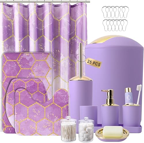 Miniatura 10 de Juego de 25 piezas de accesorios de baño negro y dorado, cortina de ducha y alfombras, basura, cepillo de inodoro, dispensador de jabón, jabonera,