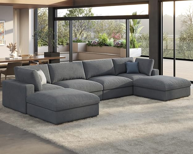 PaPaJet Modular Sectional Couch, 152 Inches Oversized Down Filling Sectional Sofa, 6 Seats U Shaped Comfy Couch with Ottoman, Chaise, Cloud Sofa for Living Room Apartment, Grey Linen - 152 inch - Grey