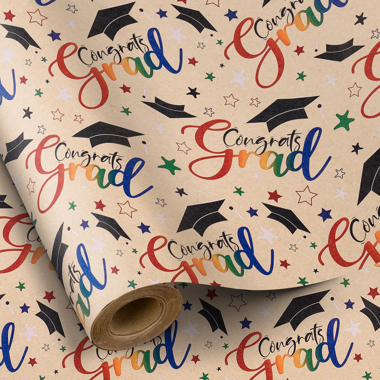 RUSPEPA Mini Graduation Gift Wrap Roll - Colorful "Congrats Grad" Wording with Toga Caps & Stars, Kraft Paper, 43.2cm x 5m - Ideal for 2025 Graduates, Graduation Parties