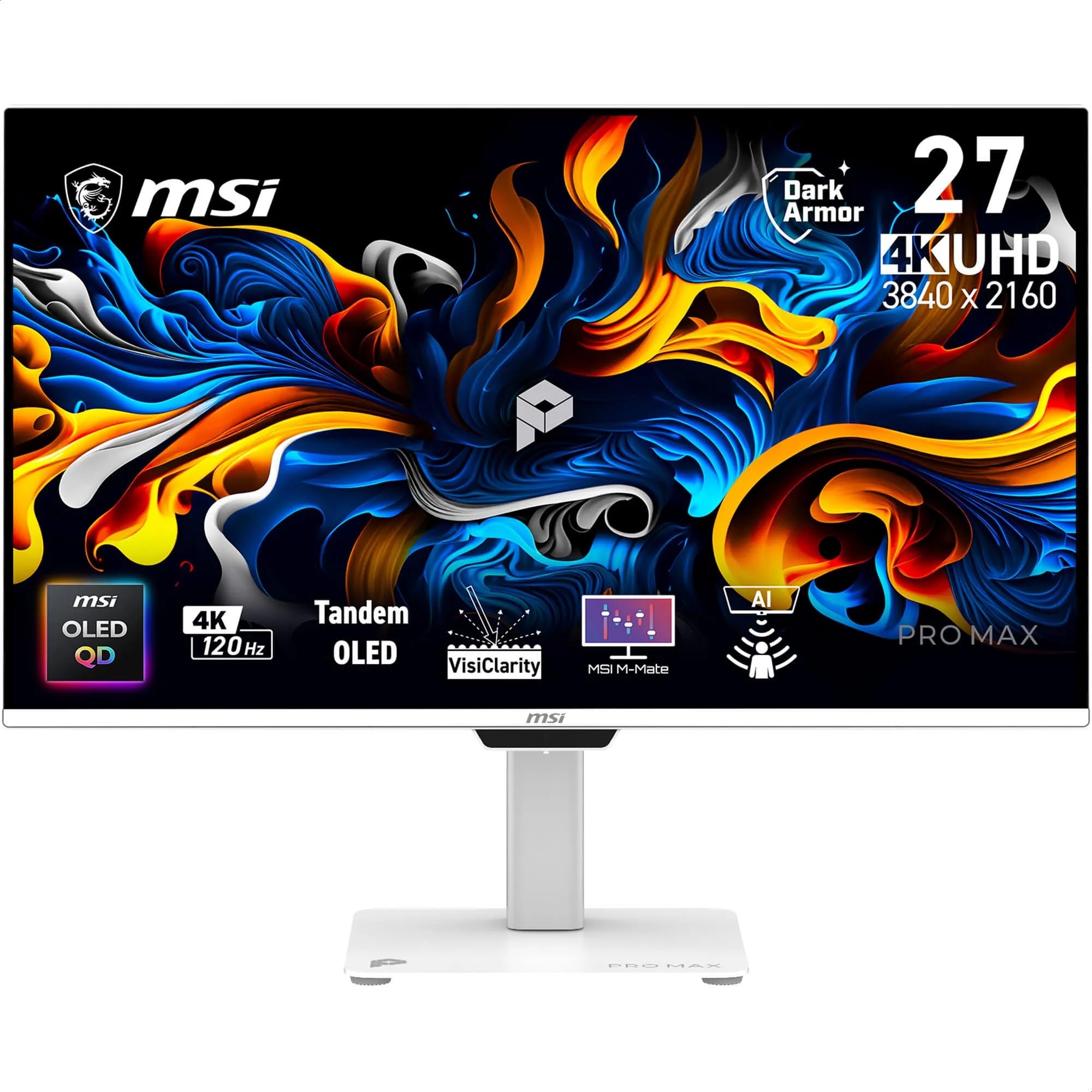 MSI Pro MAX 271UPXW12G Monitor Tandem QD-OLED de 27 Pulgadas 4K 3840x2160, 120Hz, 0.03ms, DarkArmor, Panta Tandem, VisiClarity, M-Mate App, AMD FreeSync Premium Pro, Sensor de Cuidado de IA, USB C
