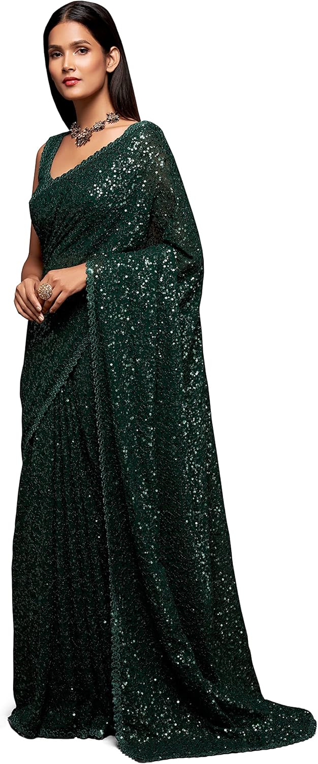 TRENDMALLS Women's Heavy Georgette Sequins Work Heavy Saree with Blouse