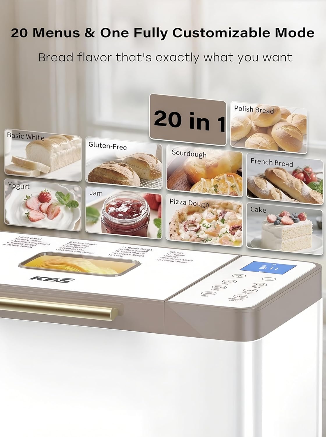 kbs 650w bread maker with custom program, 20-in-1 bread machine with stainless steel paddle & nonstick ceramic pan, 2lb bread maker machine polish bread, gluten-free, 3 colors, 15h timer, touch panel