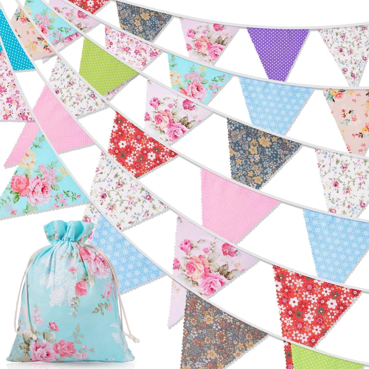 45.9ft Fabric Bunting, 46 Flags Vintage Bunting Banner + Drawstring Bag, Mothers Day Bunting Flags, Reusable Floral Bunting for Easter, Afternoon Tea, Outdoor, Birthday, Garden Party