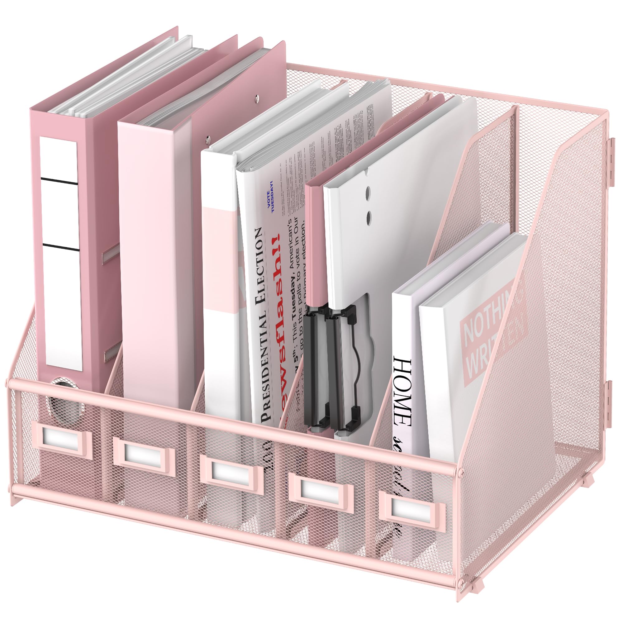 SUPEASY Desk Organizers Metal Desk Magazine File Holder with 5 Vertical Compartments Rack File Organizer for Office Desktop, Home Workspace, Pink Plus โ image 1