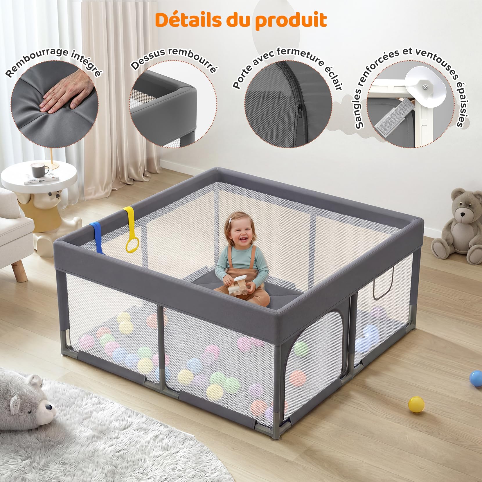 Dripex parc bébé,parc bebe modulable - Small, (grafite) | 124x124cm, avec Tapis Intégré, Piscine à Balles, Parc Enfant Oxford 2100D, 2 Anneaux