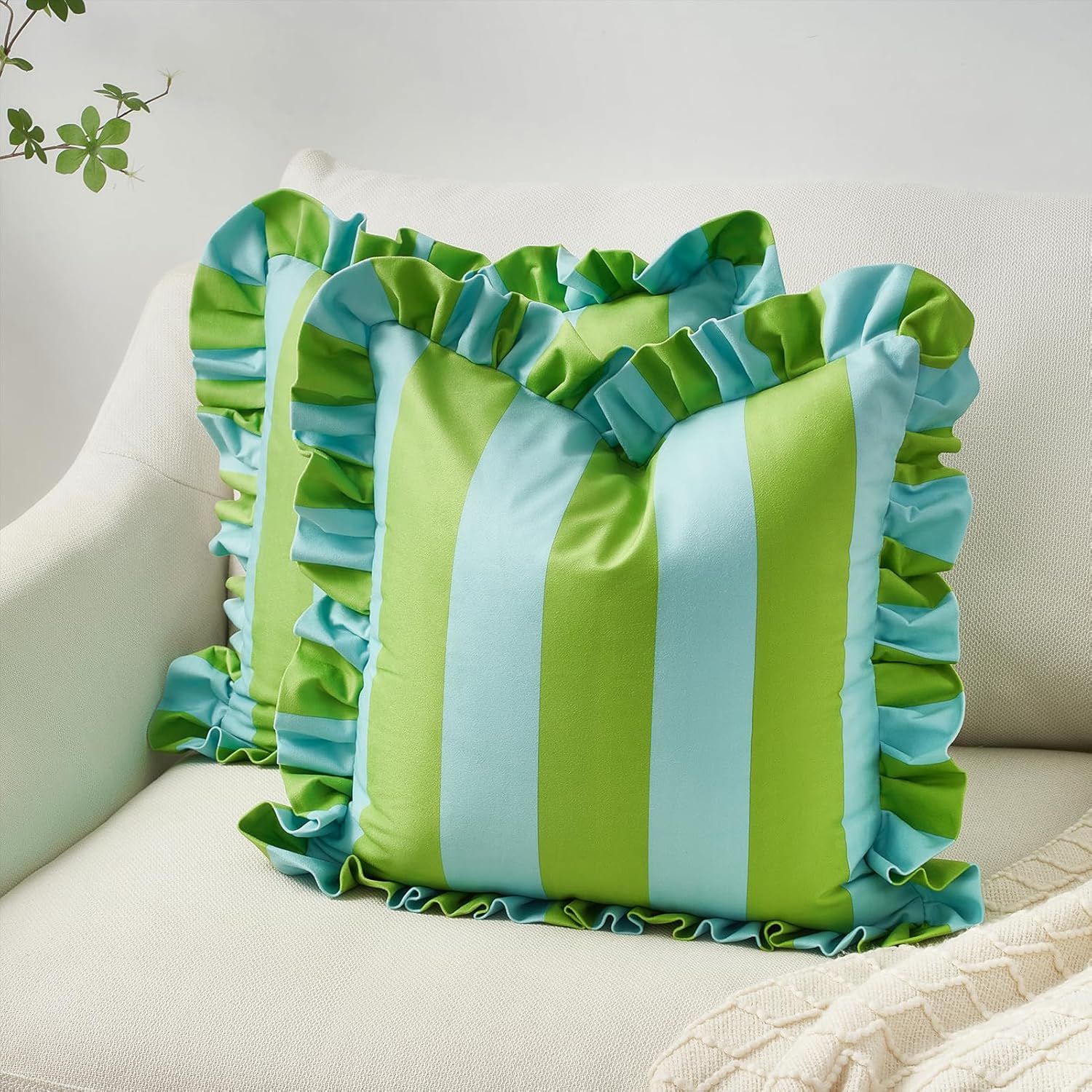 MONDAY MOOSE Decorative Throw Pillow Covers, Set of 2 Water-Resistant Striped Design with Ruffle Edge for Outdoor/Indoor Use, Pillow Inserts Not Included (20x20 inch, Light Green/Light Blue)