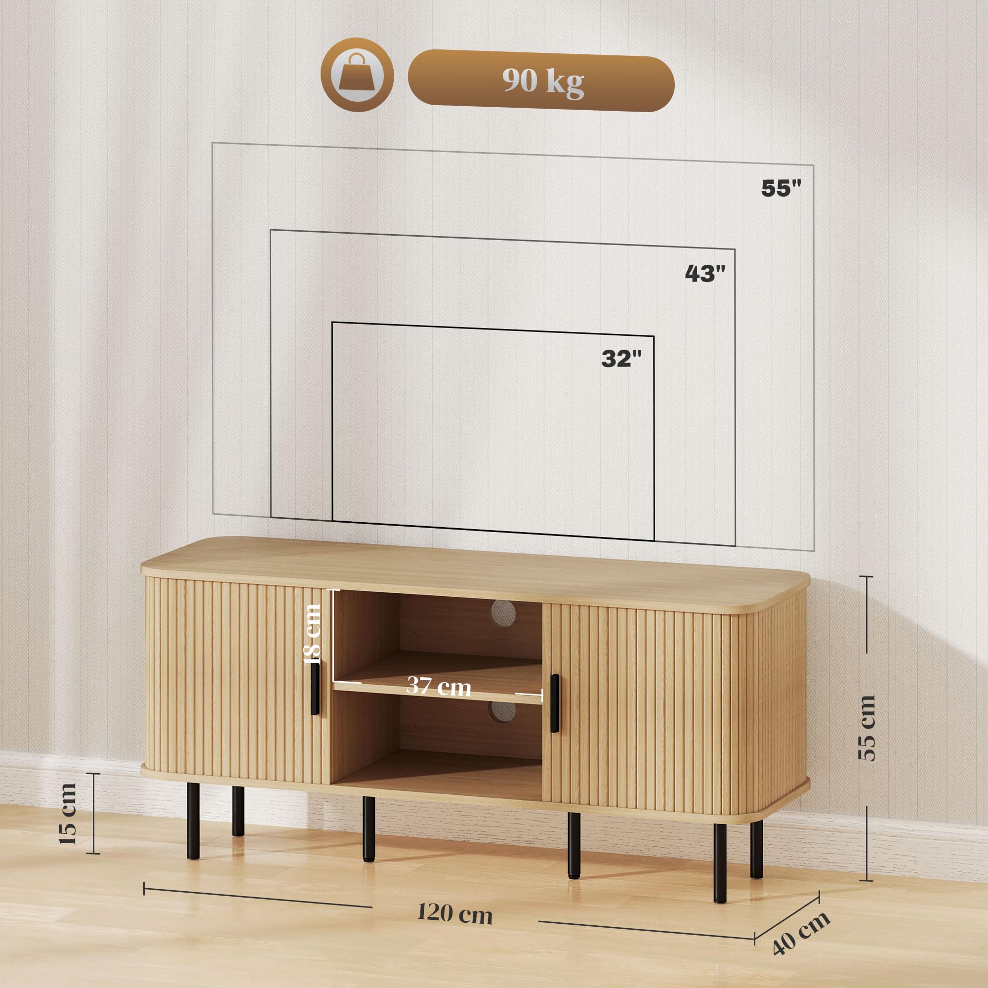 HOMCOM Mobile TV 55" con 2 Armadietti, 2 Ripiani e 2 Fori Passacavi, Mobiletto Porta TV in Legno e Acciaio, per Soggiorno e Camera da Letto, 120x40x55 cm, Rovere e Nero