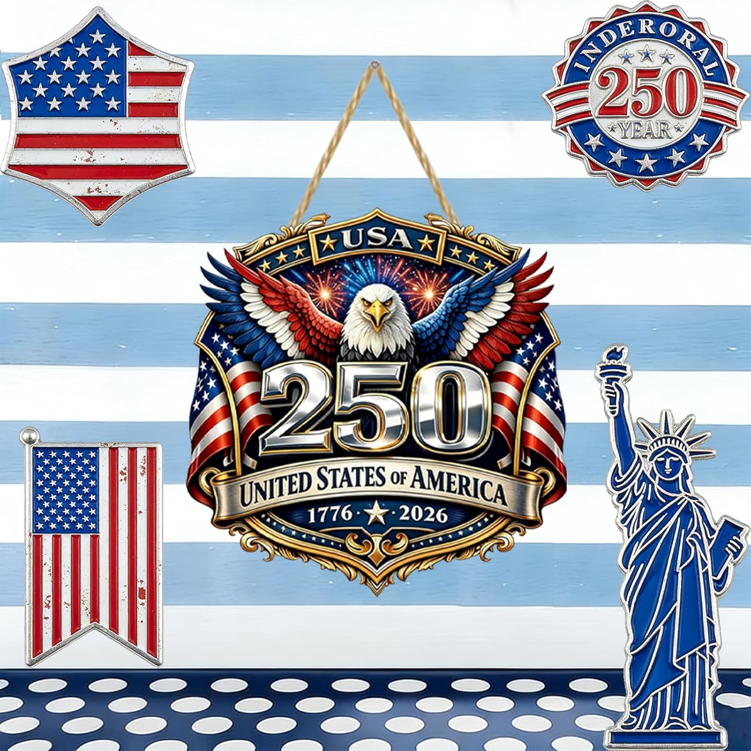 USA 250th Anniversary double-layer wooden sign Large Reusable Bald Eagle American Flag 1776-2026 Patriotic Fireworks Red Blue White Rustic Wood Twine Hanging Door Wall Journal Scrapbook Decor 1 pcs