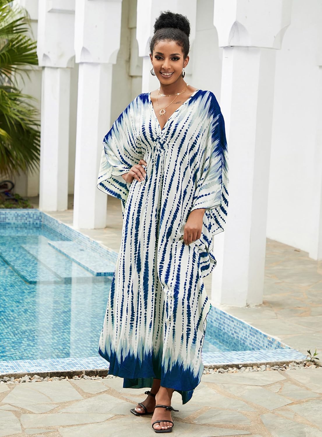 Kaftan Dresses Plus Size V-Neck Women's Swimwear Cover Ups Tie Dye Batwing Sleeves ... - Image 5