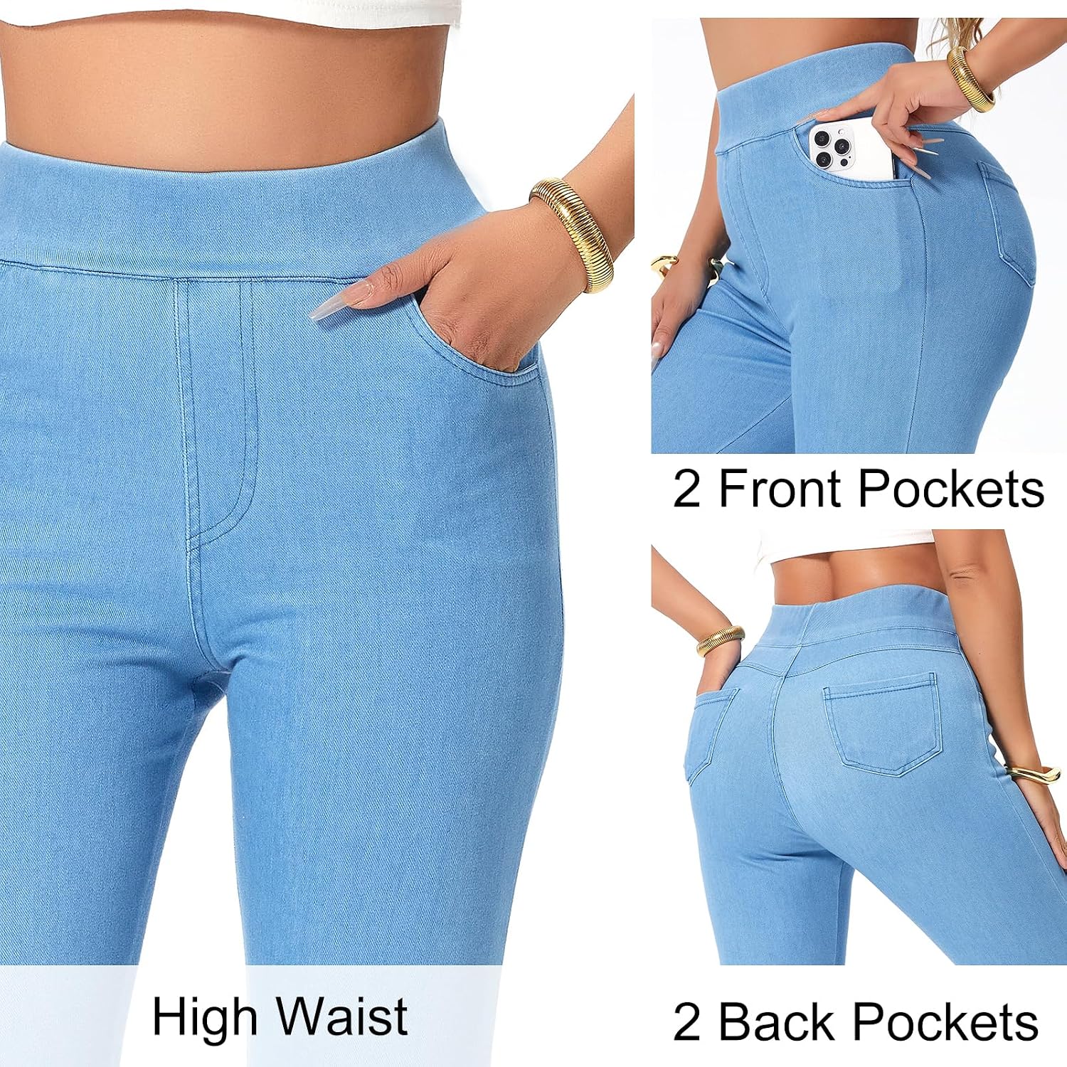 Women's High Waisted Jeggings, Tummy Control Skinny Jeans - Stretchy Pull-On Pants with Pockets, Casual
