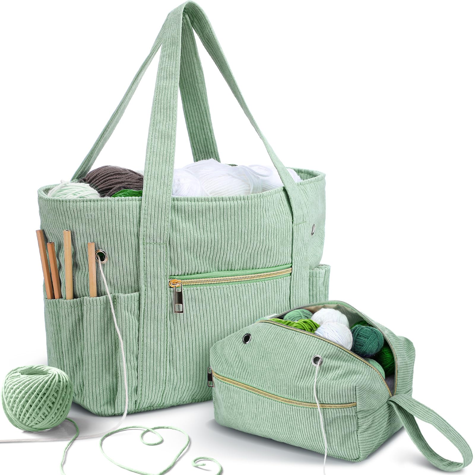 Häkeltasche und Tragetasche, 2-teiliges Set, Cordgarn, Tasche, Häkeltasche für Häkelnadeln, Organizer, Garnhalter für Valentinstag, Geschenk, Häkelliebhaber, Stricktasche, Häkelzubehör (grün)