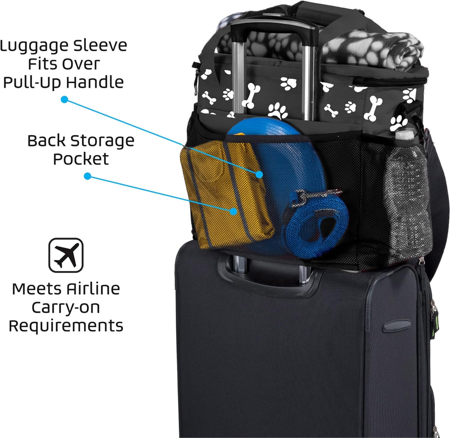 Week Away Dog Travel Bag (15"x7"x14", Paw Print) - Includes 2 Pet Food Storage Containers + 2 Collapsible Dog Water Bowls - Airline Approved Travel Accessories, Great for Weekend Trips