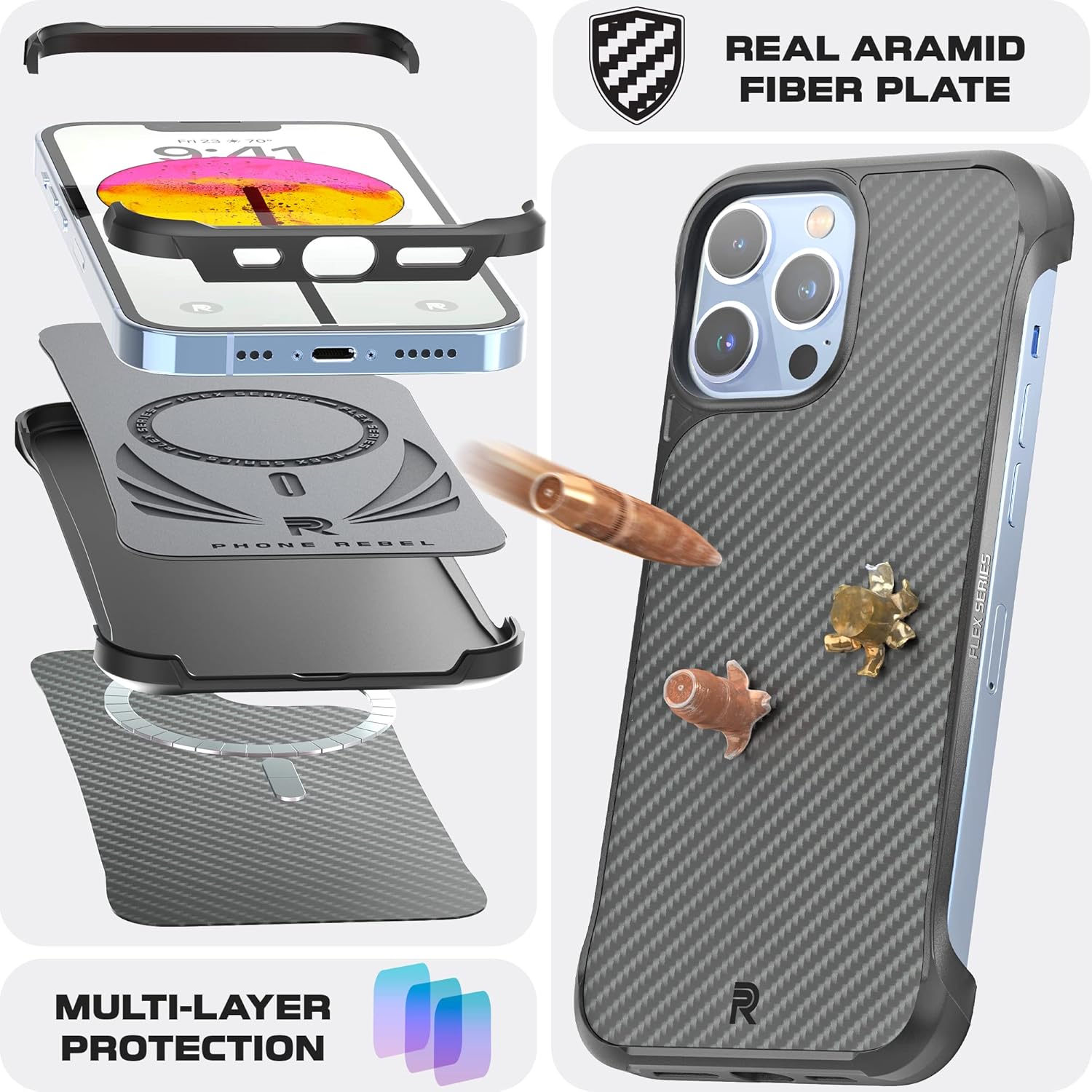 REBEL Case for iPhone 13 Pro [Flex Series] Exposed Sides for Comfort, Aramid Fiber, Compatible with MagSafe, Protective Raised Corners, Slim Fit Frameless Cover, 6.1 Inch Phone 2021 (Flex Black)