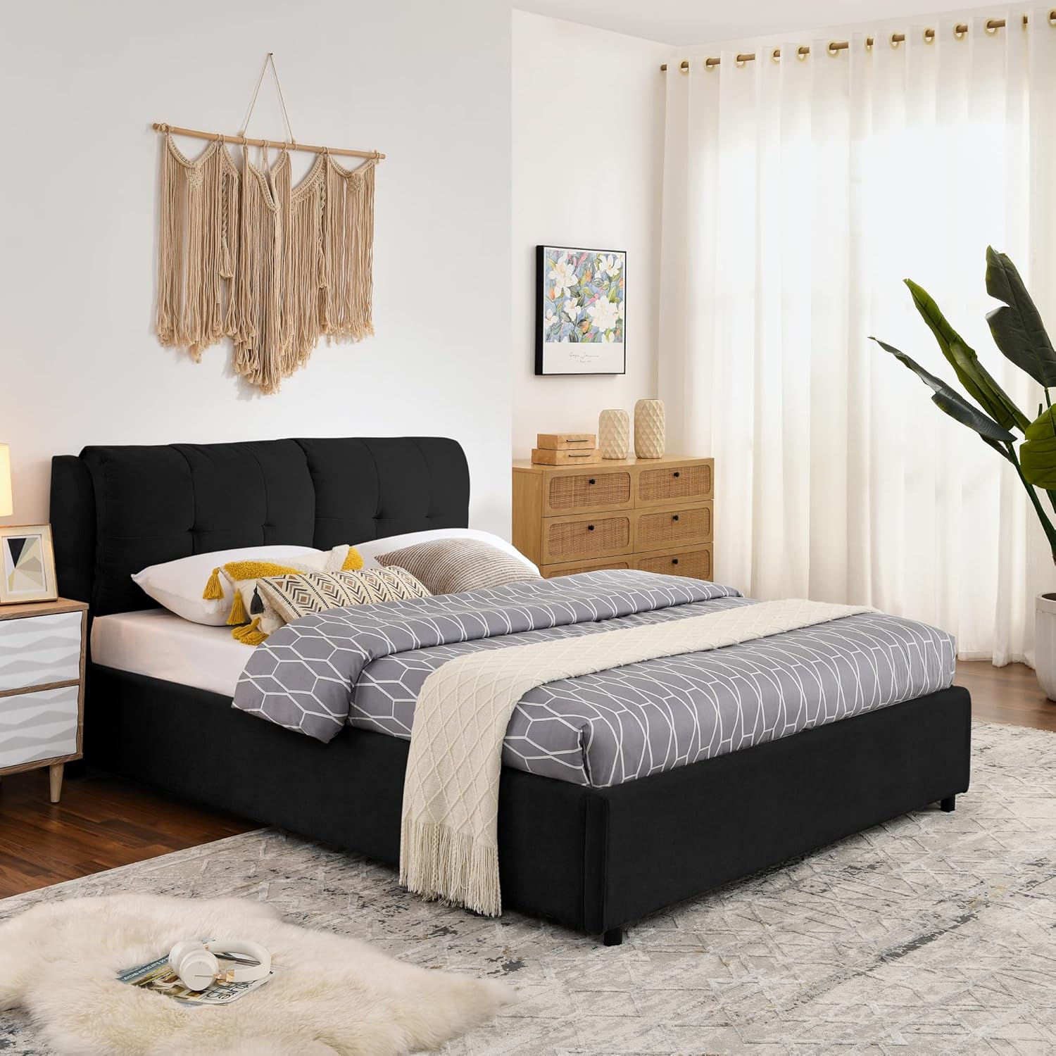 Queen Lift Up Storage Bed with Dual Hydraulic System, Upholstered Platform Bed Frame with Padded Headboard, Hidden Under-Bed Storage, Chenille Fabric, No Box Spring Needed, Black
