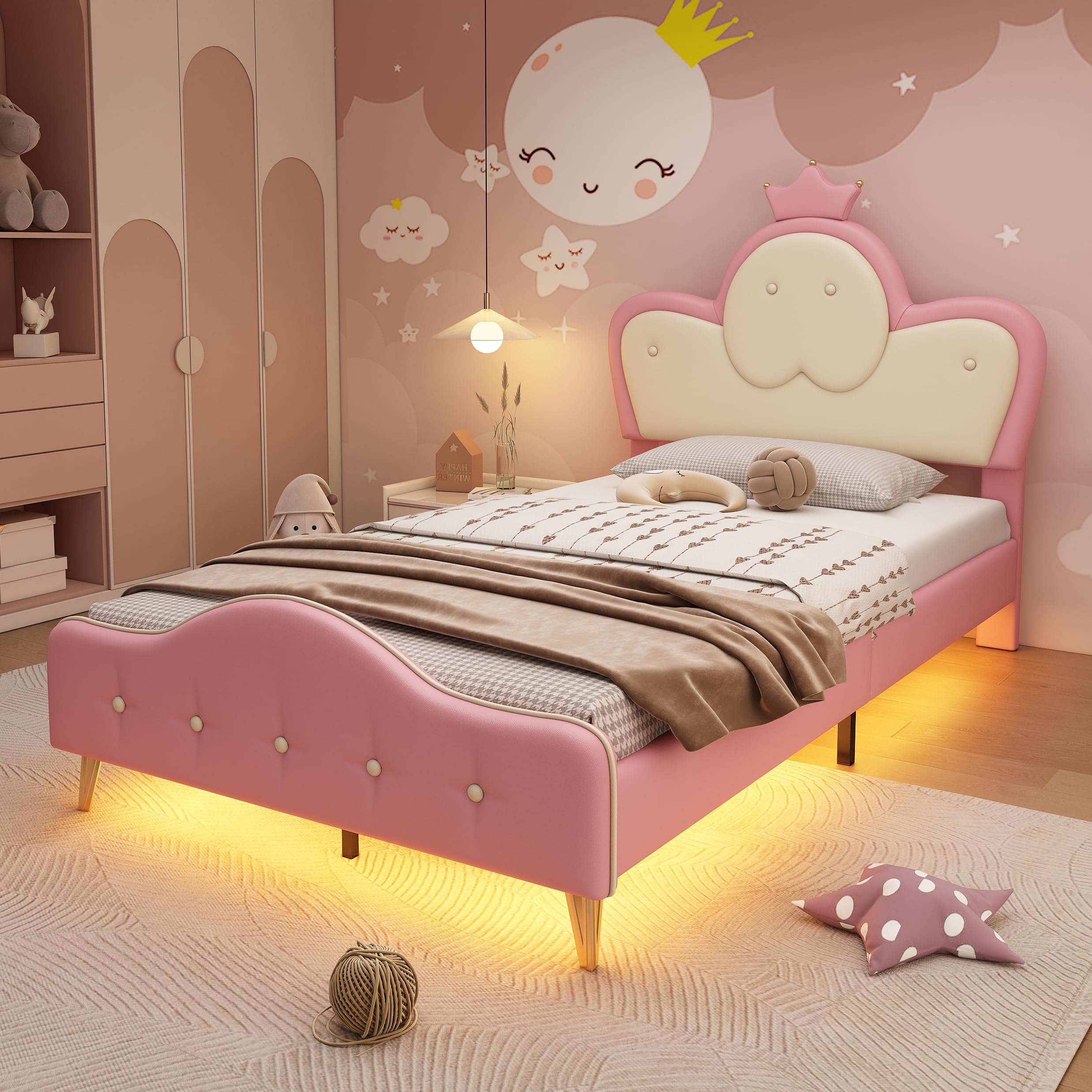 Merax Kinderbett Polsterbett 90x200cm mit LED-Streifen, Mädchen Einzelbett, Kopfteil in Wellenform mit Krone, Bettgestell mit Lattenrost und Fußteil, Jugendbett, PU, ohne Matratze, Rosa & Weiß