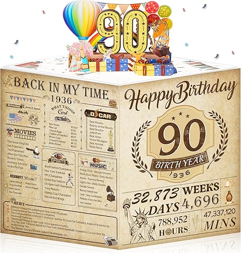 Tarjeta de cumpleaños 90 para hombres y mujeres, divertidos regalos de cumpleaños 3D emergentes para abuela, mamá, papá, en 1936, feliz cumpleaños