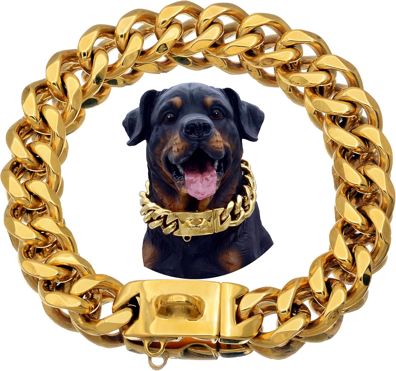 Strong Stainless Steel Gold Dog Collars with Safety Buckle Lock,23MM Cuban Link Chain Training Collar,Dog Necklace Walking Collar for Small Medium & Large Dogs (24, Gold)
