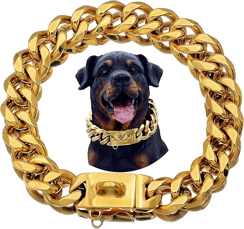 Collares dorados de acero inoxidable fuertes para perros con cierre de hebilla de seguridad, collar de entrenamiento de cadena de eslabones cubanos
