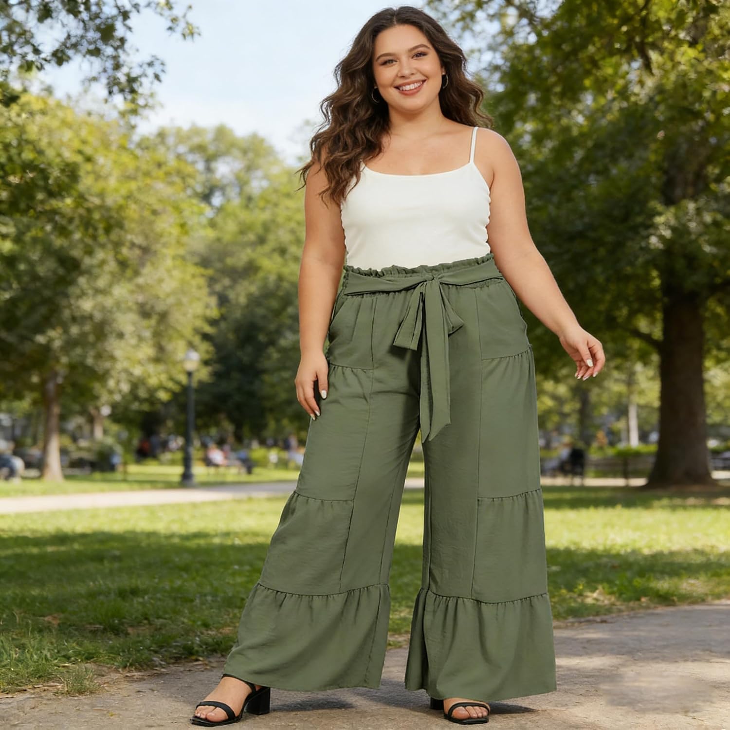 Moon Wood Plus Size Wide Leg Pants Woman High Waisted Palazzo Flowy Pants with Pockets Trendy Casual Summer Pants