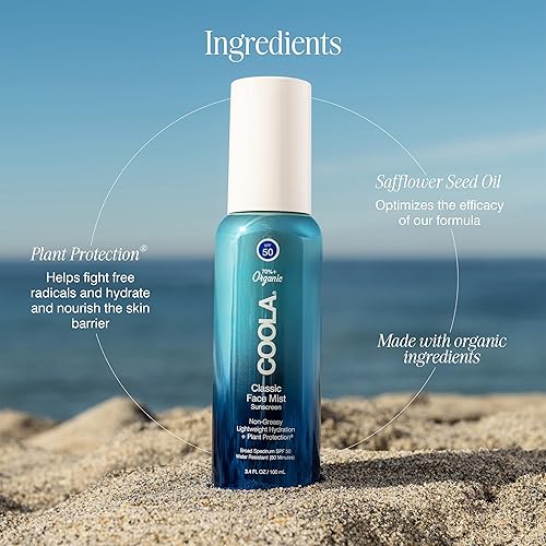 Miniatura 4 de COOLA Protector solar orgánico SPF 50 Sunblock Face Mist, cuidado de la piel probado por dermatólogos para protección diaria, vegano y sin gluten,
