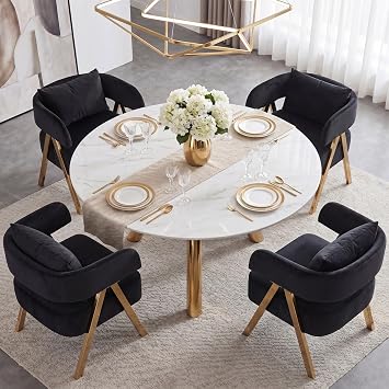 Modern Velvet Dining Chairs Set of 4 with Arms and Gold Metal Legs, Black