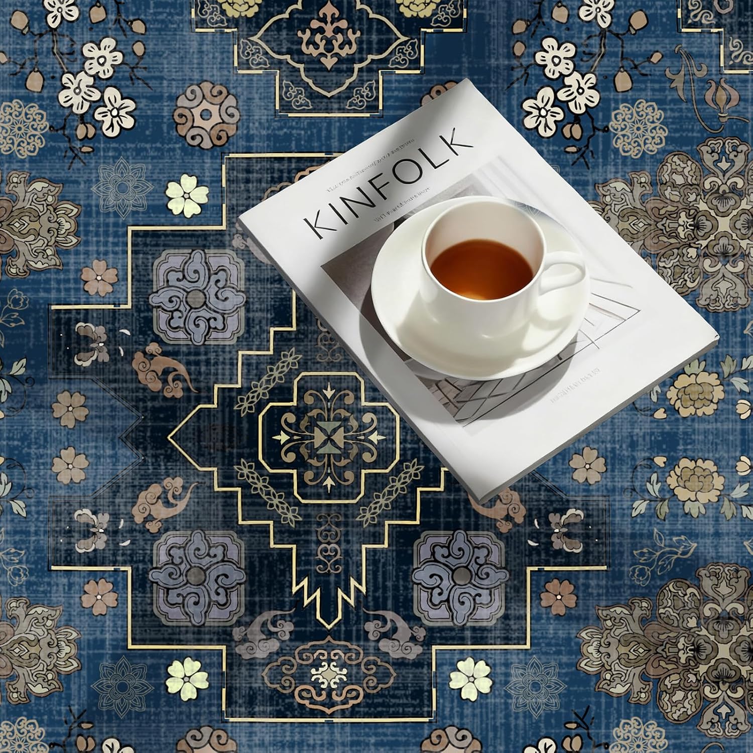 Round Rug 4ft Vintage Boho Small Circular Rug Washable Circle Rug Non-Slip Low Pile for Bedroom Kids Room Office Entryway College Dorm Bathroom, Blue