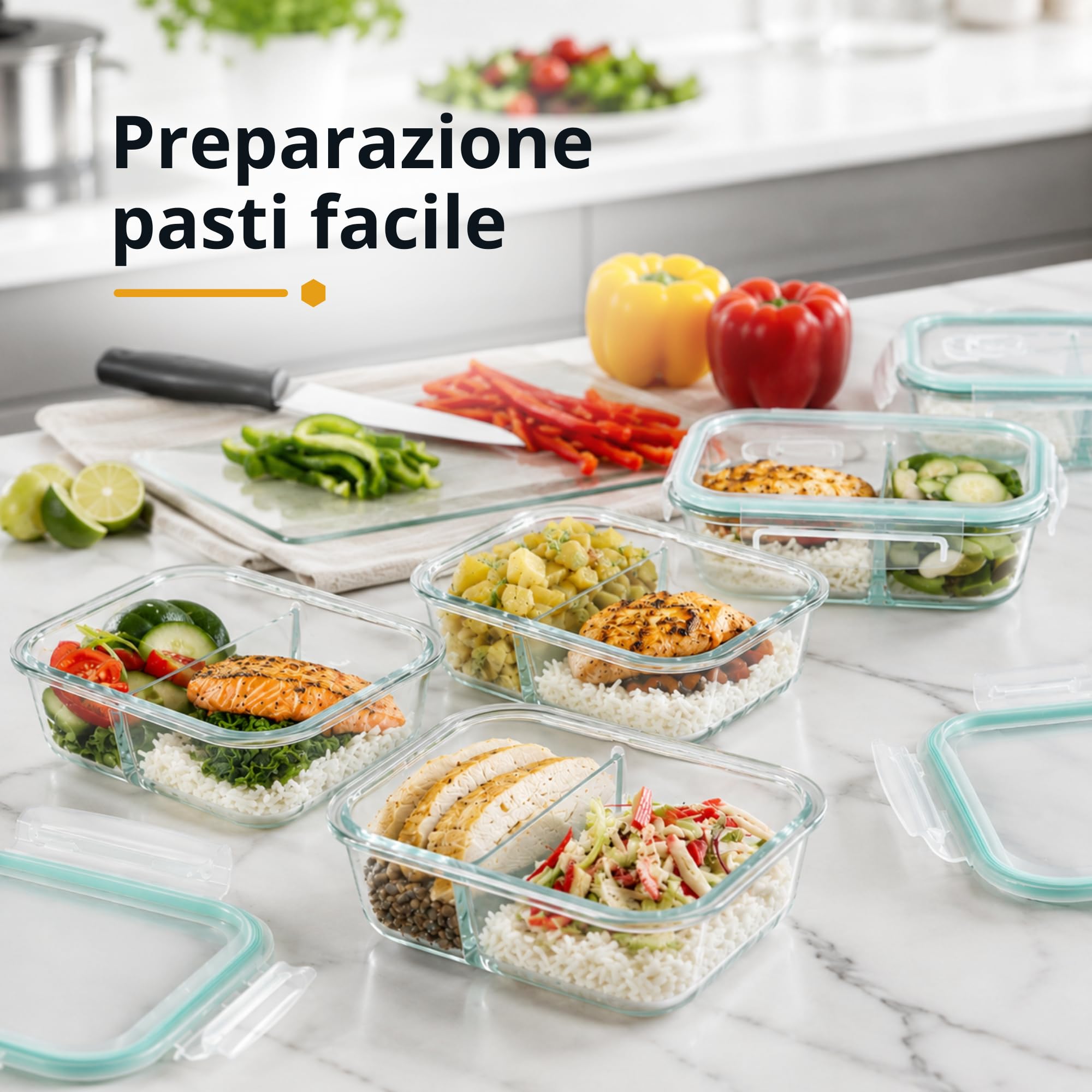 Winter Shore Contenitori Vetro con Coperchio e 2 Scomparti (5 Pezzi) - Bento Box di Qualità Alimentare, Senza BPA, a Prova di Perdite - Set Contenitori Vetro per Microonde, Freezer, Lavastoviglie