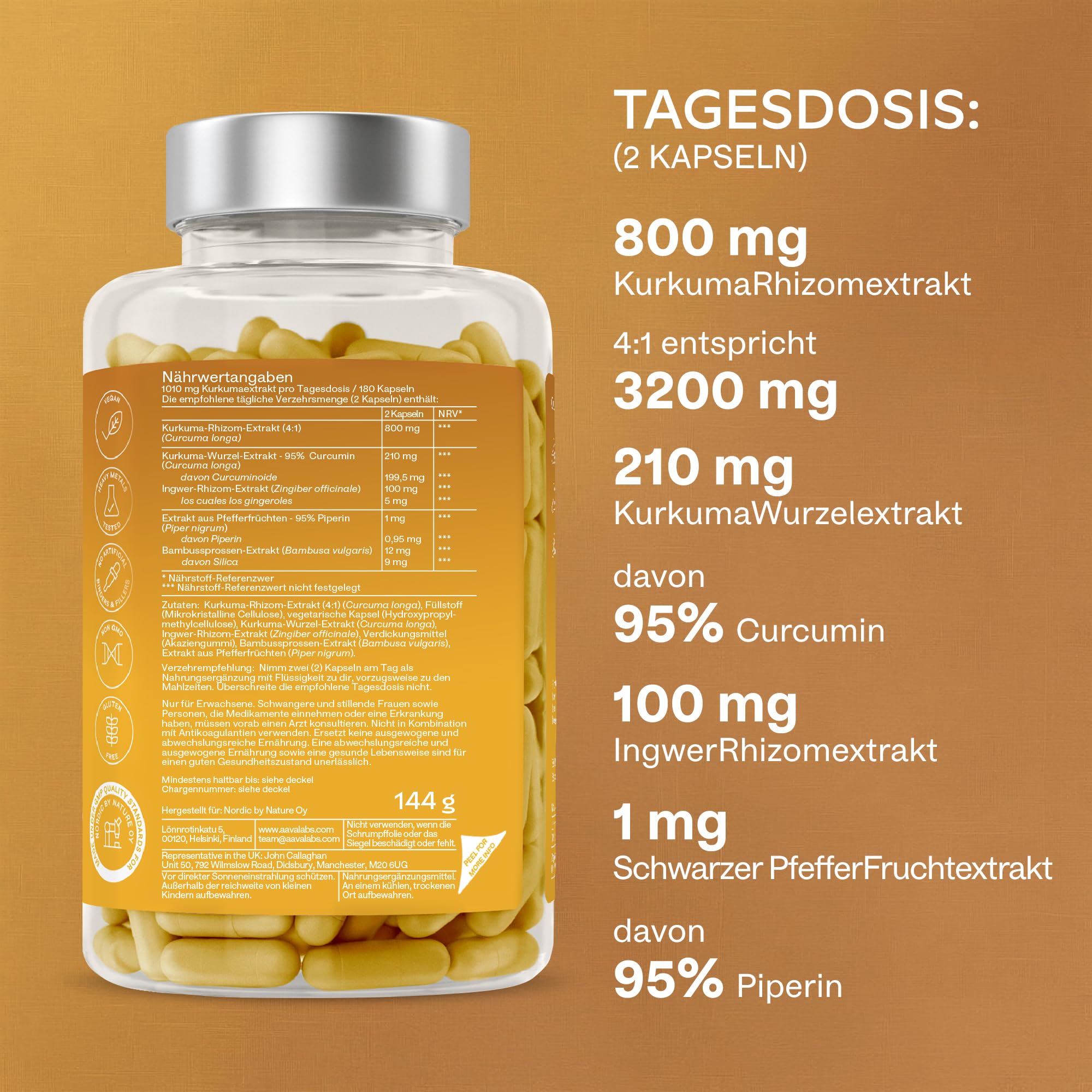 Kurkuma Kapseln Hochdosiert mit 95% Curcumin mit Piperin und Ingwer Kapseln Aavalabs - Curcumin Kapseln Vegan & Laborgeprüft - 180 Curcuma Kapseln Hochdosiert [Turmeric Capsules]