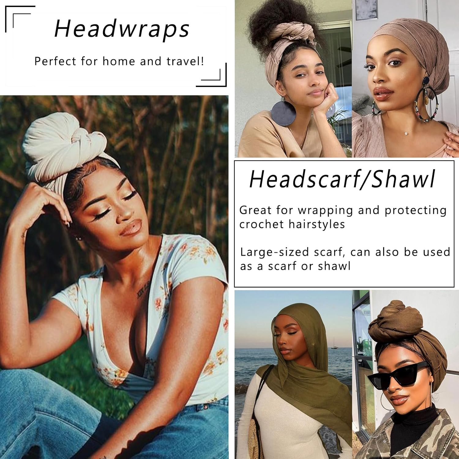 COOKOO 2 Piece Long Solid Color Stretch Head Wrap African Women's Jersey Turban Fashion Head Scarf Ultra Soft Extra Long Headwraps Lightweight Breathable Head Bands Ties for Women(Black+Army Green) - Image 3