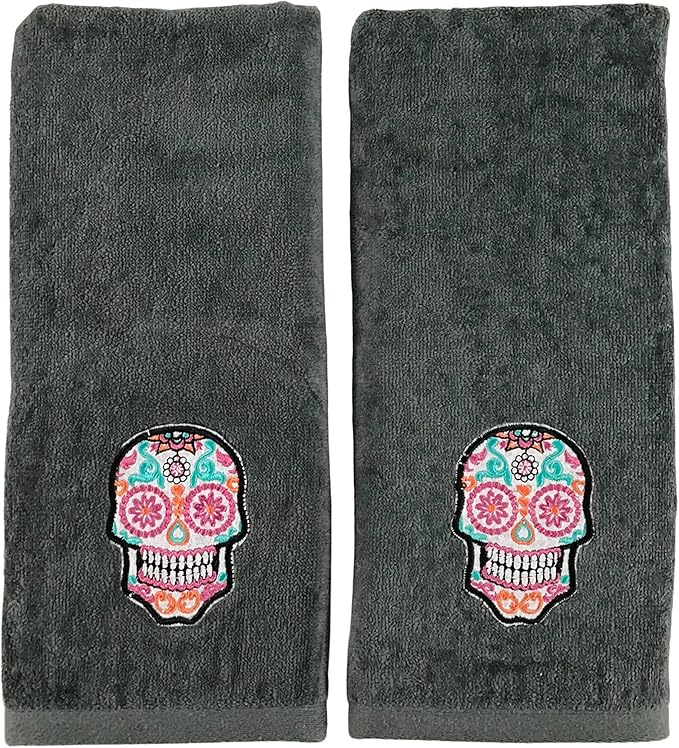 Serafina Home Halloween Hand Bathroom Towels Set of 2 – Day of The Dead Día de Los Muertos Sugar Skull Decor 100% Cotton- Embroidered Decorative Holiday Decor