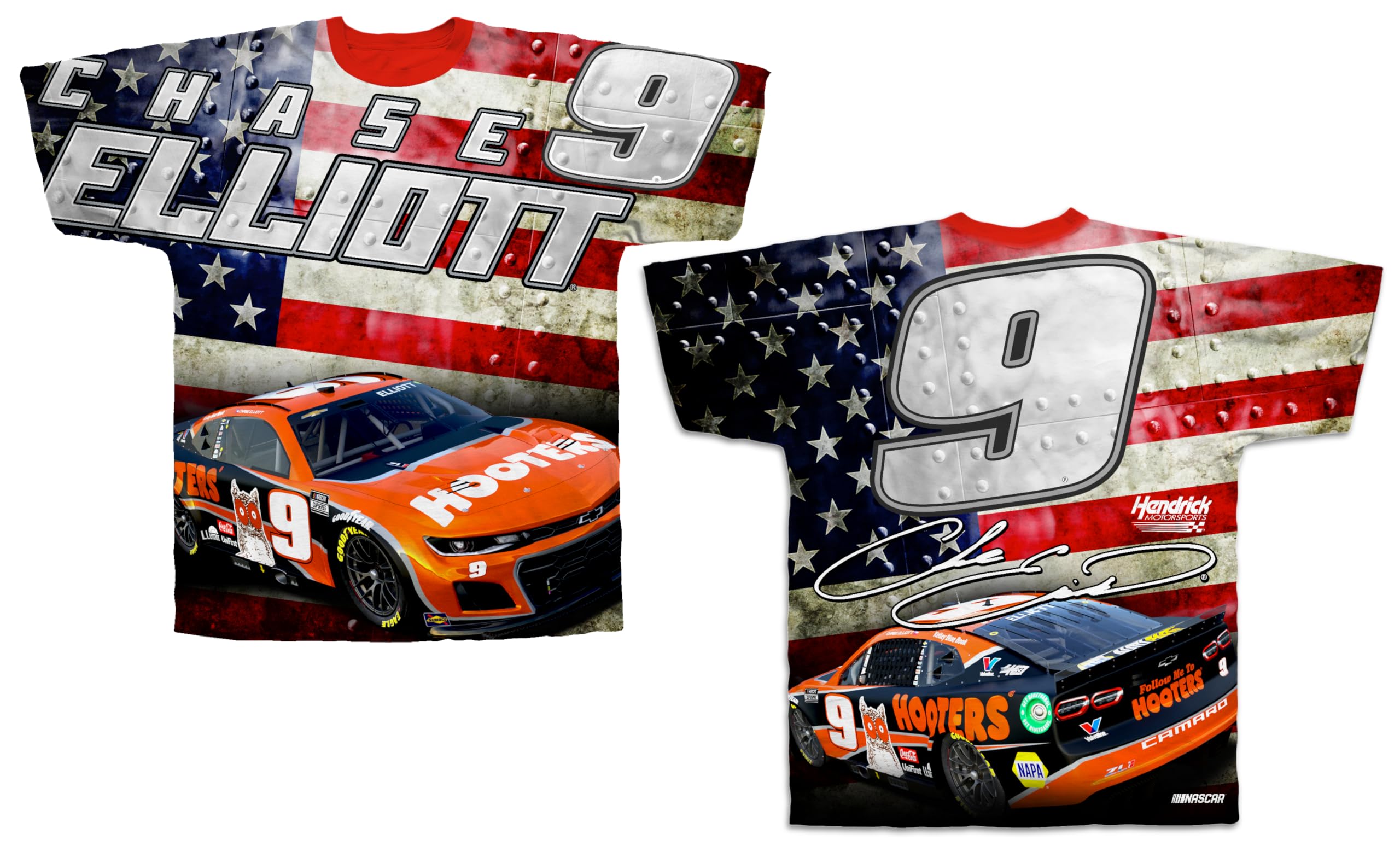 Checkered Flag Sports Chase Elliott #9 2024 NASCAR Patriotic Hooters Racing Total Sublimated Shirt - White