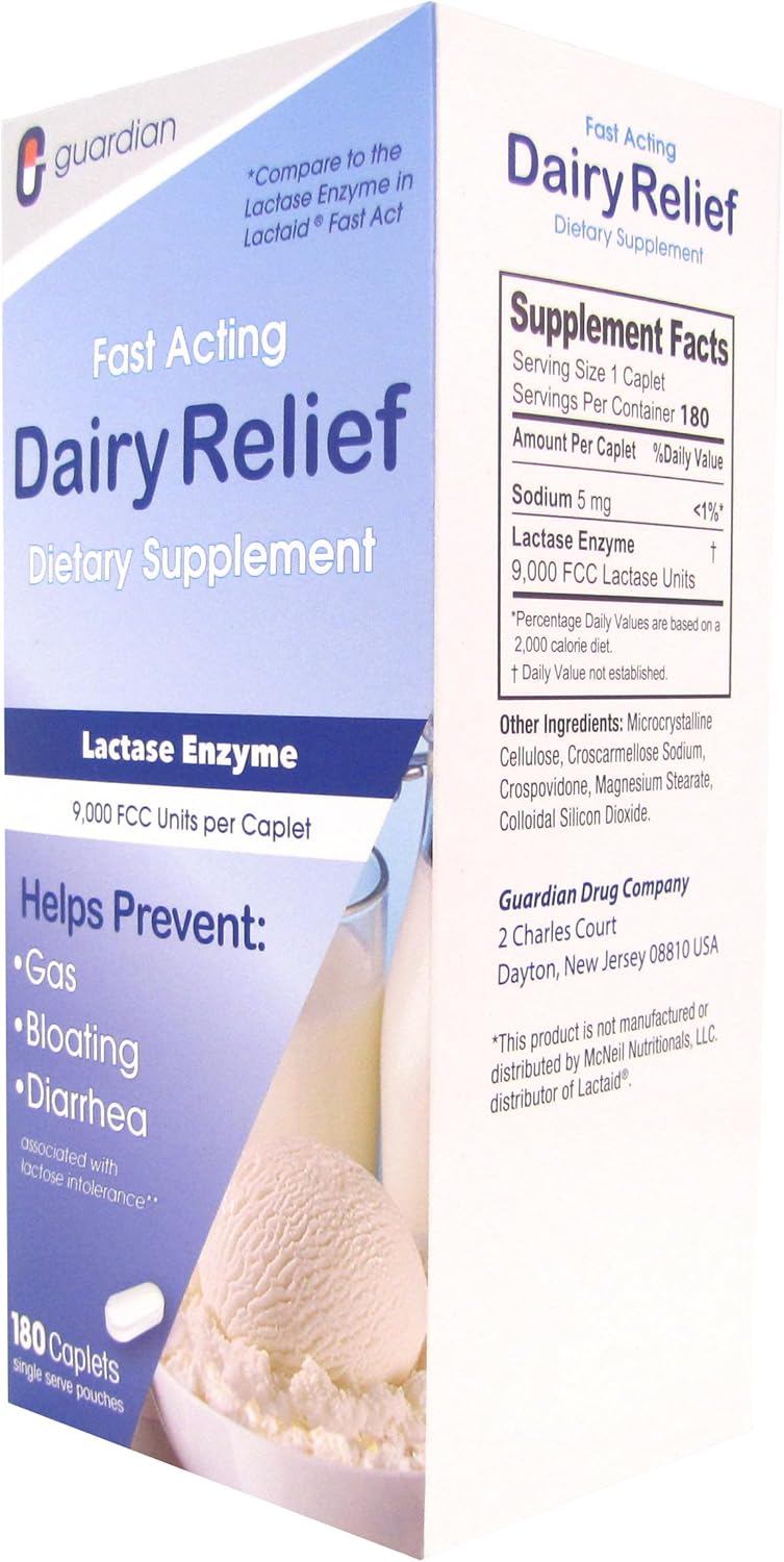 guardian Dairy Relief Fast Acting Lactase, 360 Caplets, 9000 FCC Maximum Strength, Lactose Intolerance Pills, Lactase Enzyme Supplement (360 CT) - Image 8