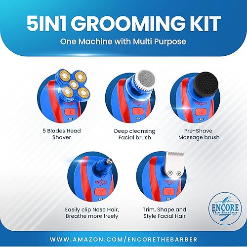 Miniatura 8 de Afeitadora de cabeza calva 360 5 en 1, kit de aseo eléctrico recargable, afeitadora de pelo húmeda o seca con barba emergente bigote recortadora de